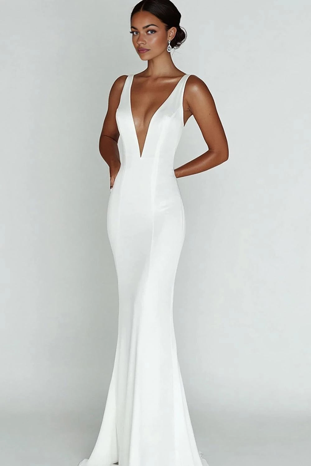 Glamorous Mermaid Deep V Neck Sleeveless Open Back Floor Length Wedding Dress