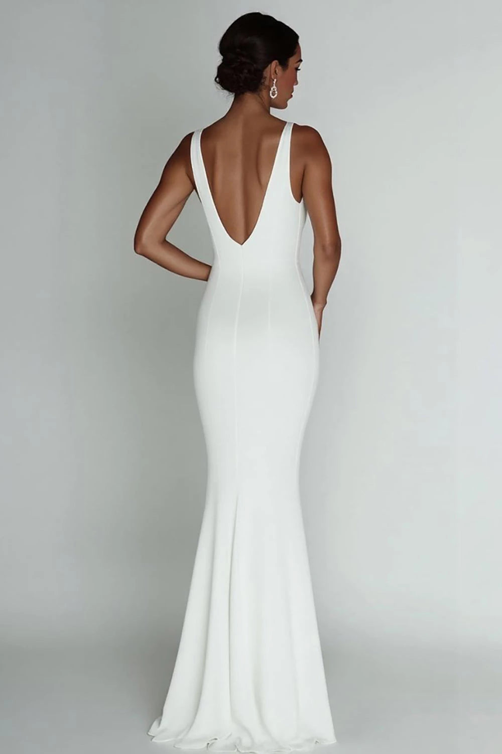 Glamorous Mermaid Deep V Neck Sleeveless Open Back Floor Length Wedding Dress