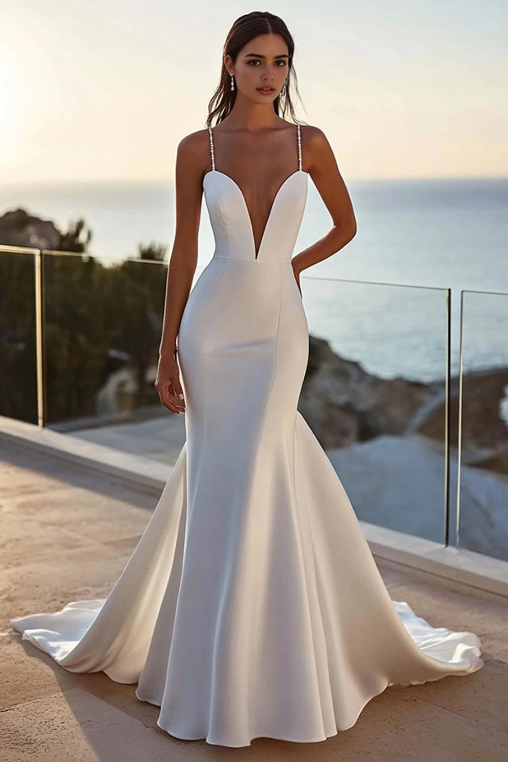 Glamorous Mermaid Deep V Neck Spaghetti Strap Open Back Floor Length Wedding Dress