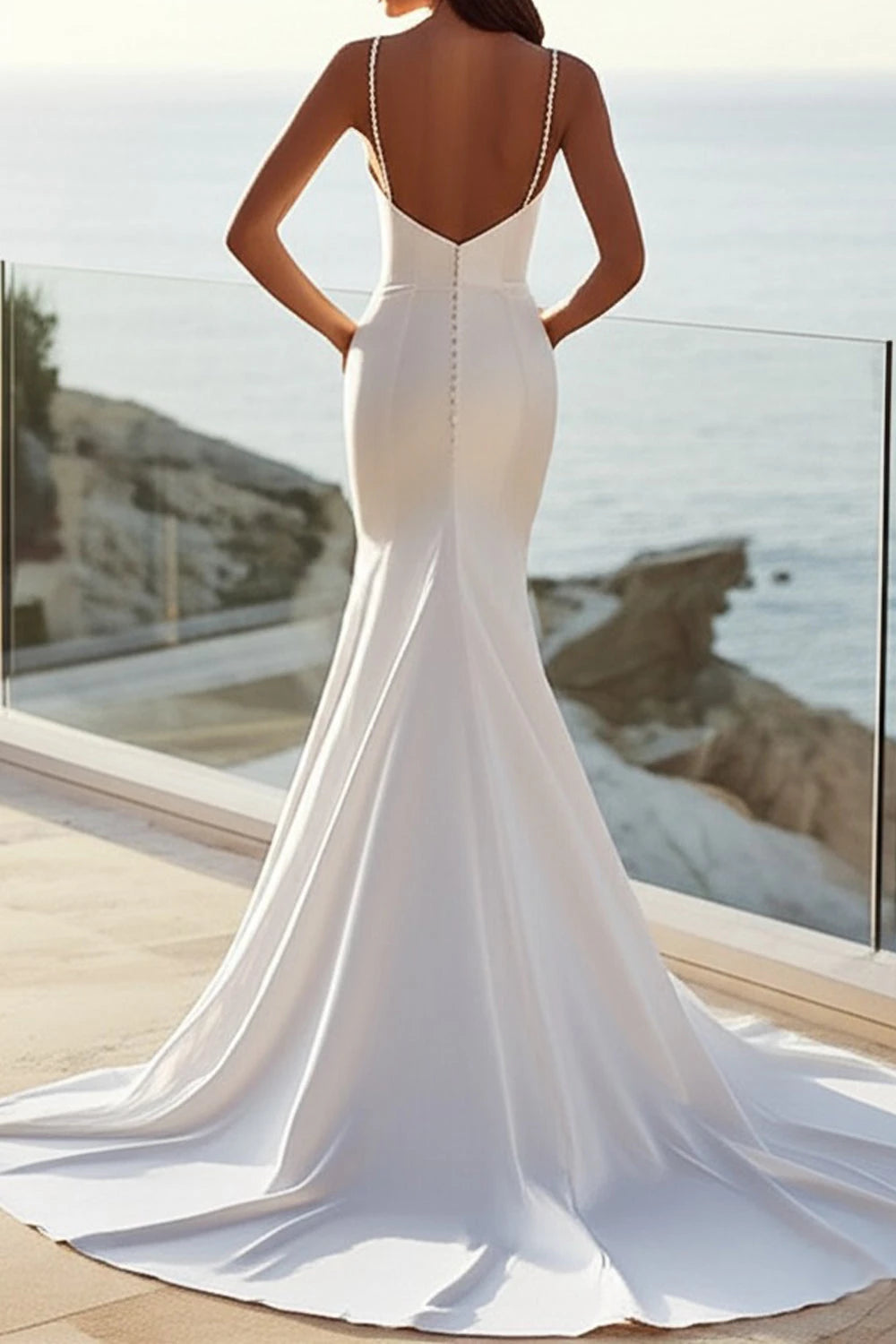Glamorous Mermaid Deep V Neck Spaghetti Strap Open Back Floor Length Wedding Dress