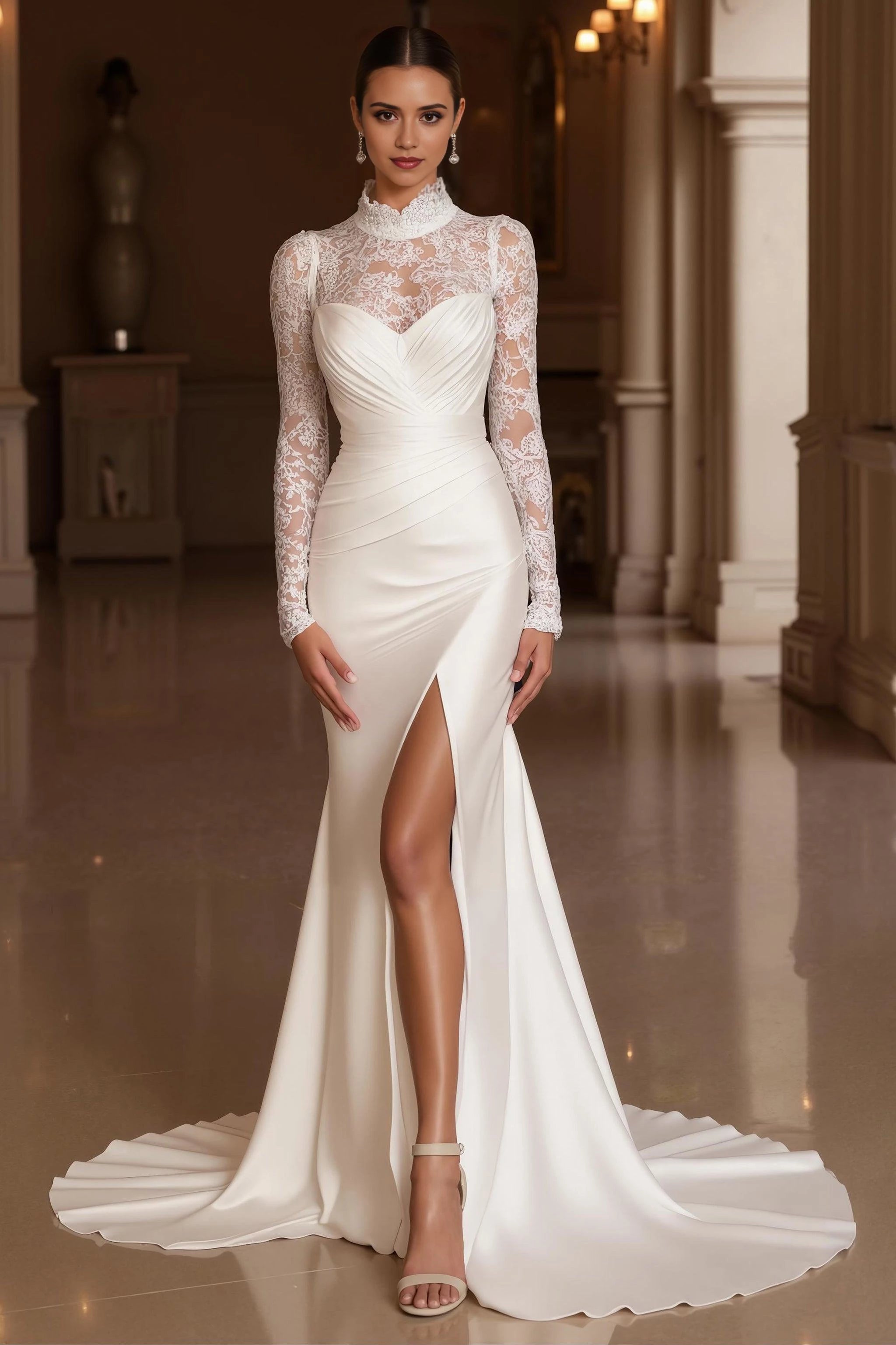 Glamorous Mermaid High Neck Lace Long Sleeve Open Back Floor Length Wedding Dress