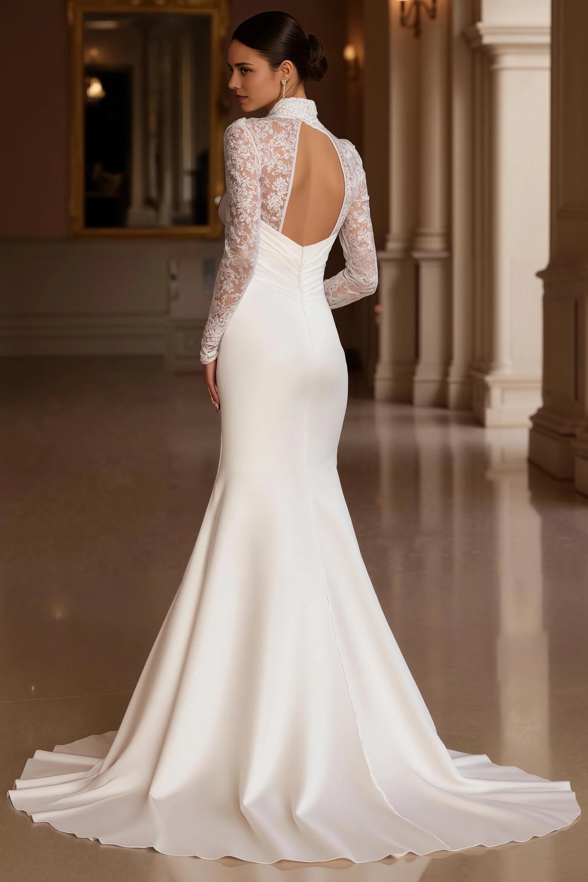 Glamorous Mermaid High Neck Lace Long Sleeve Open Back Floor Length Wedding Dress