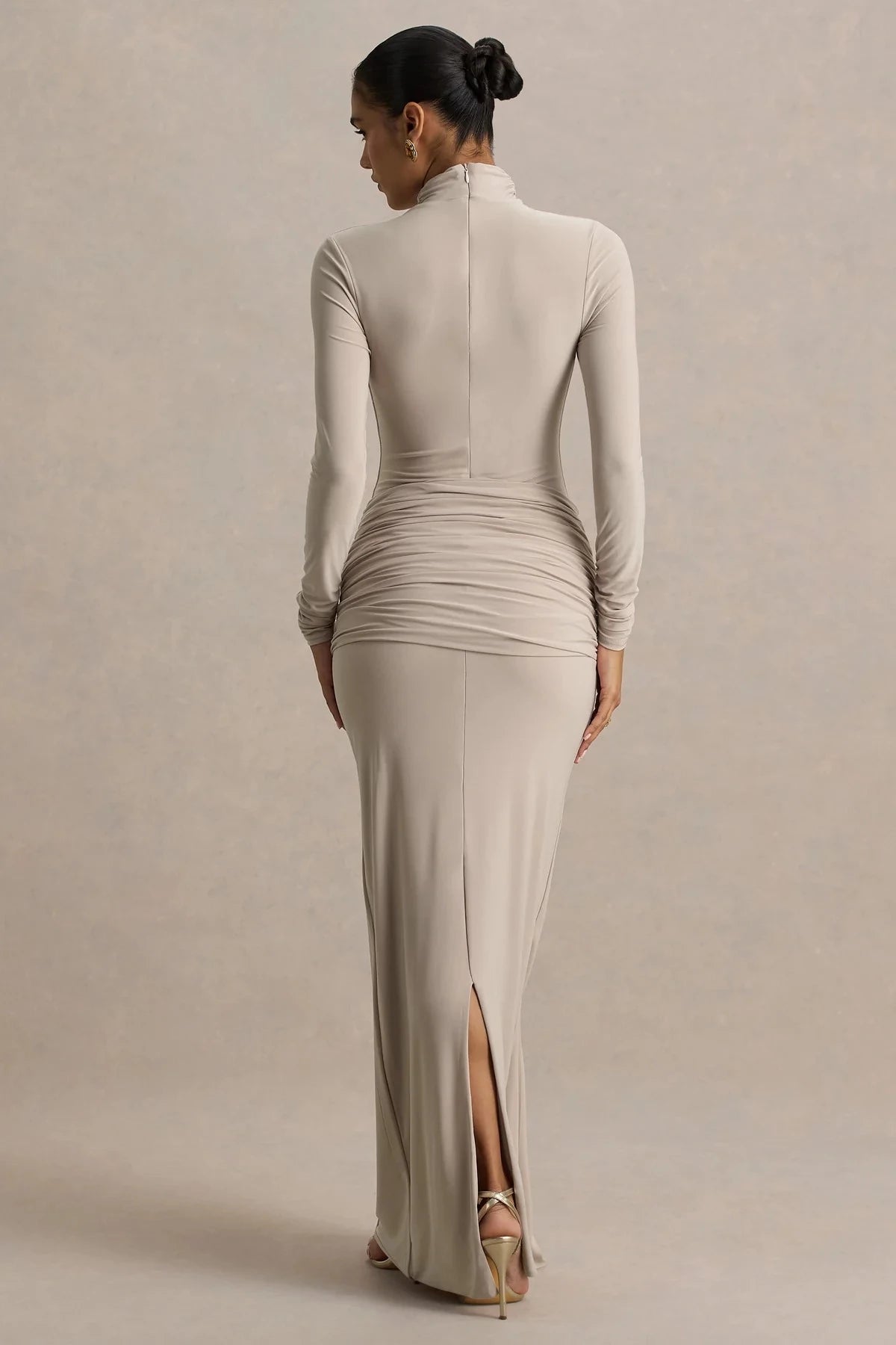 Glamorous Mermaid Mock Neck Long Sleeve Draped Side Back Slit Floor Length Evening Dress
