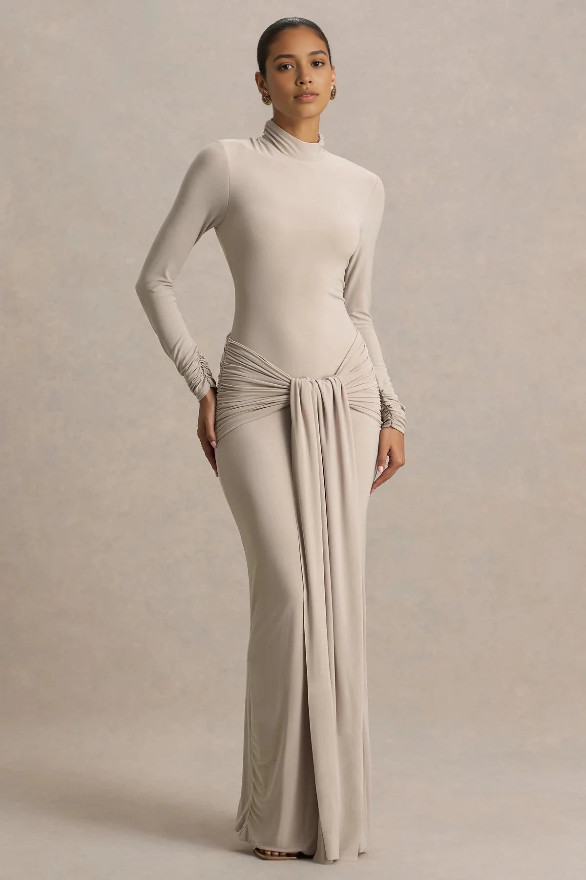 Glamorous Mermaid Mock Neck Long Sleeve Draped Side Back Slit Floor Length Evening Dress