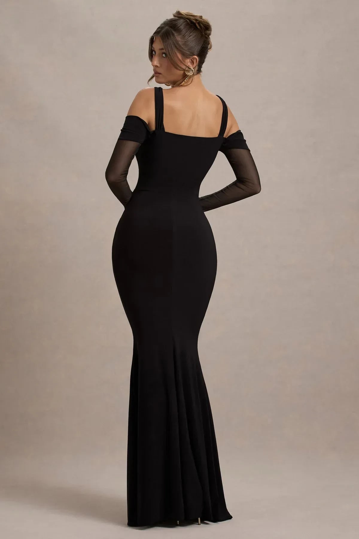 Glamorous Mermaid Off Shoulder Mesh Sleeve Zip Back Floor Length Evening Dress