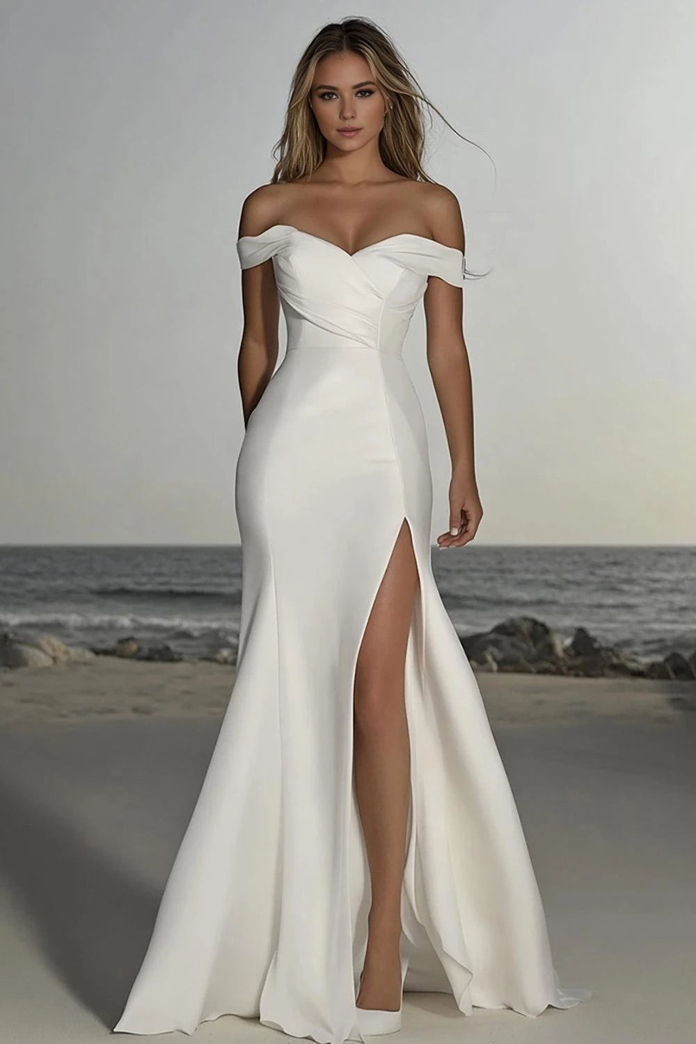Glamorous Mermaid Off Shoulder Short Sleeve Open Back Maxi Wedding Dress