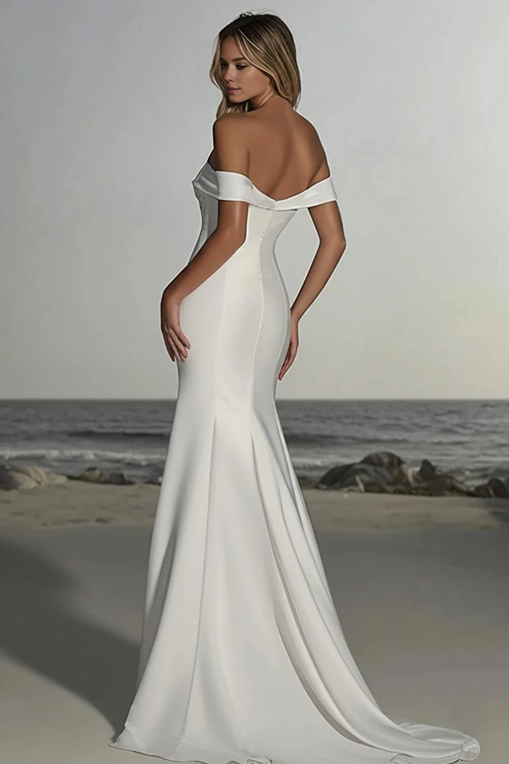 Glamorous Mermaid Off Shoulder Short Sleeve Open Back Maxi Wedding Dress