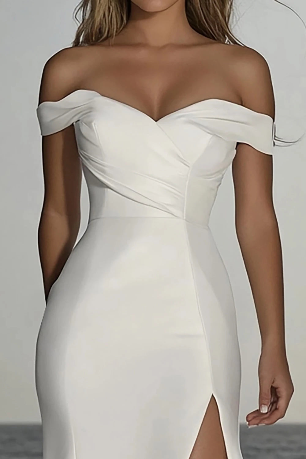Glamorous Mermaid Off Shoulder Short Sleeve Open Back Maxi Wedding Dress