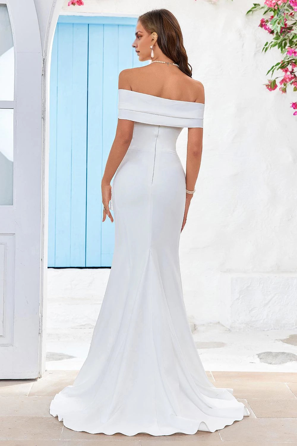 Glamorous Mermaid Sleeveless Off Shoulder Short Sleeve Zipper Back Maxi Evening Dress