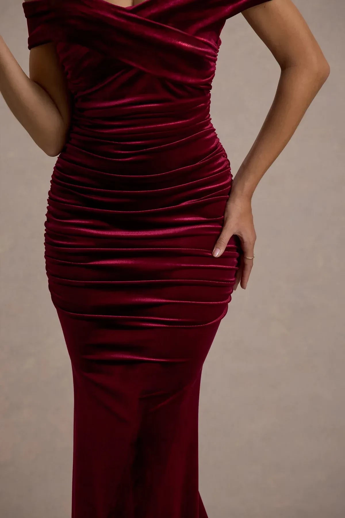 Glamorous Mermaid Off Shoulder Sleeveless Ruched Body Train Trim Floor Length Evening Dress