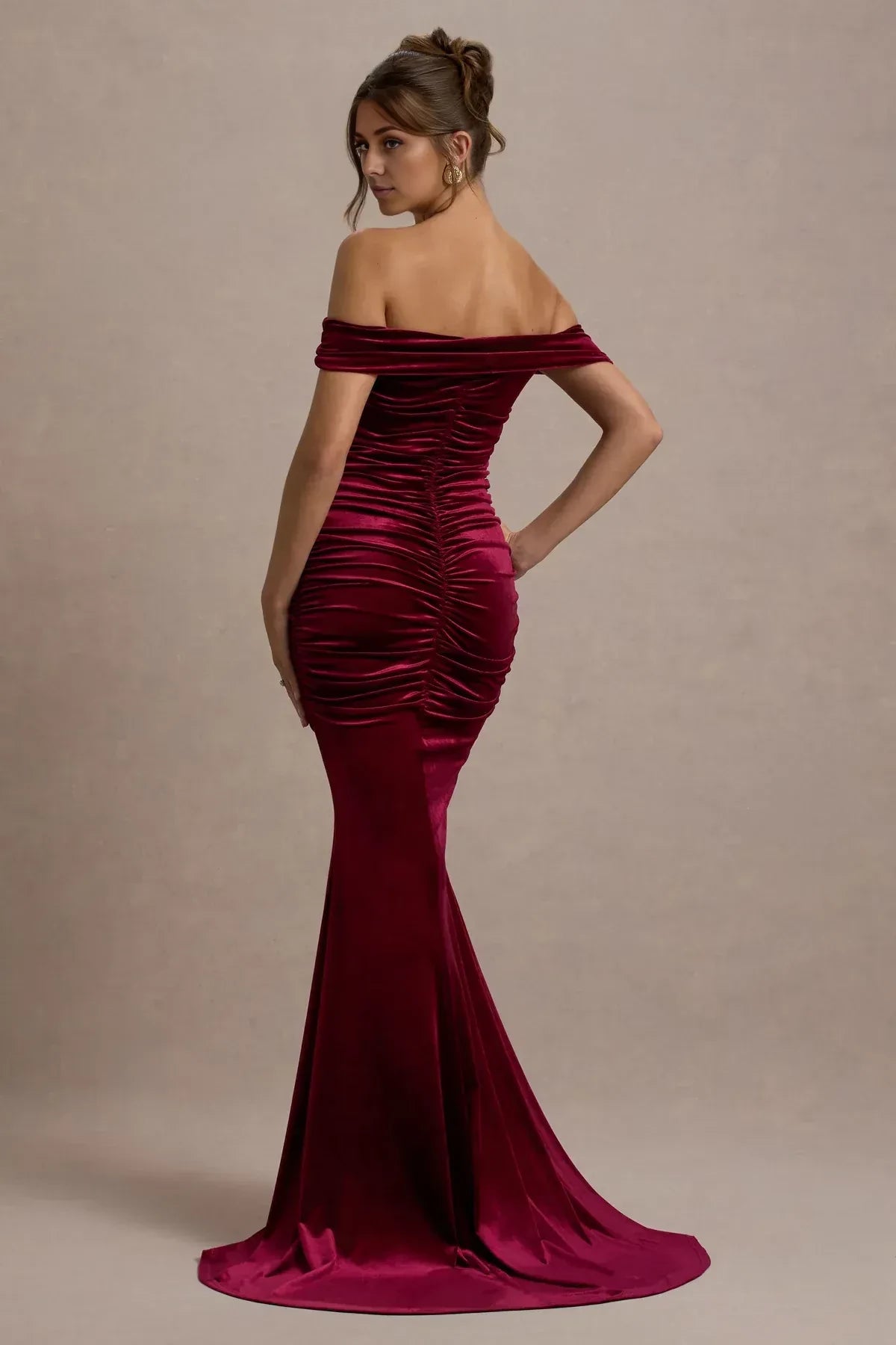 Glamorous Mermaid Off Shoulder Sleeveless Ruched Body Train Trim Floor Length Evening Dress
