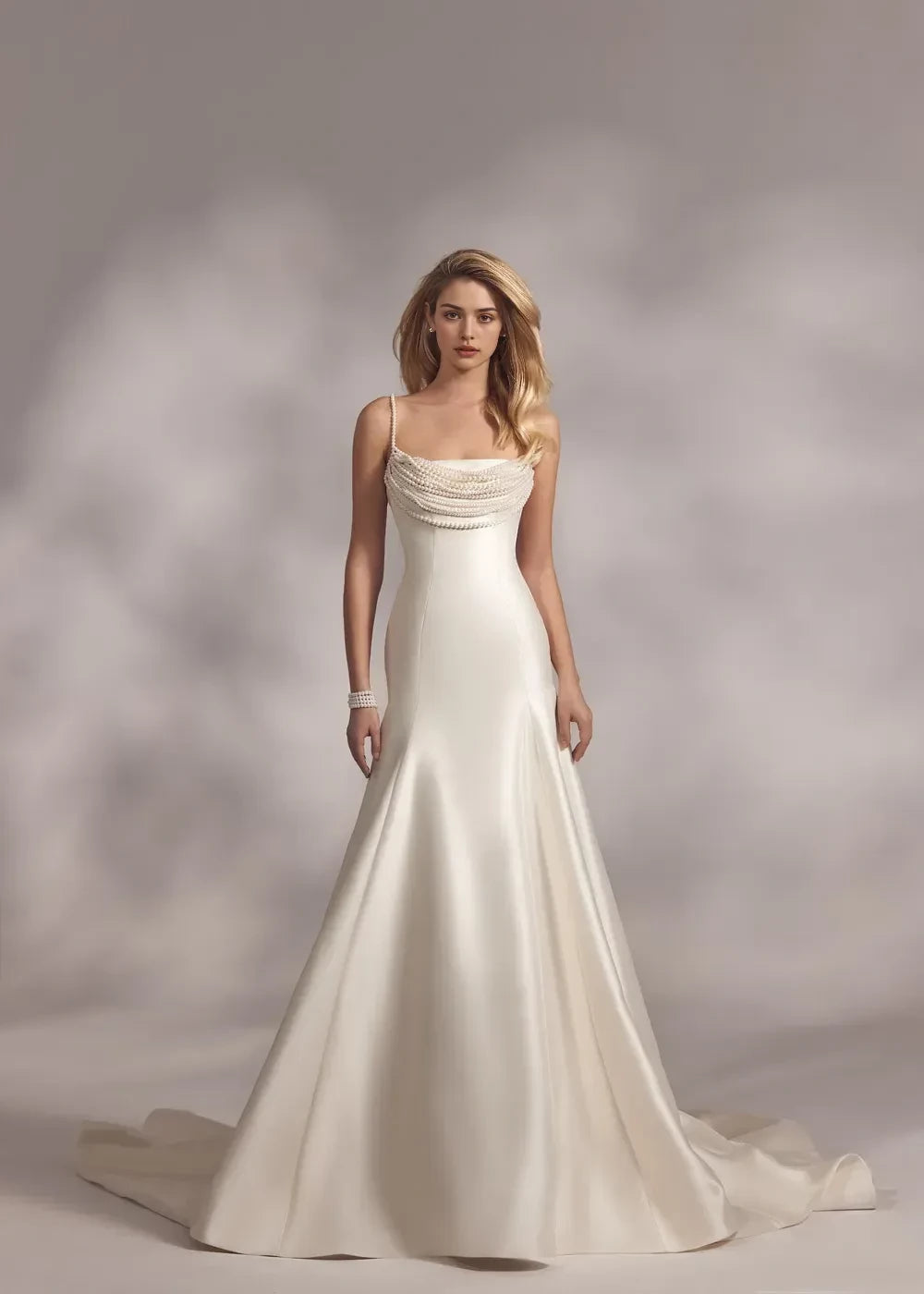 Glamorous Mermaid Pearl Embellished Spaghetti Strap Lace Up Back Long Length Wedding Dress