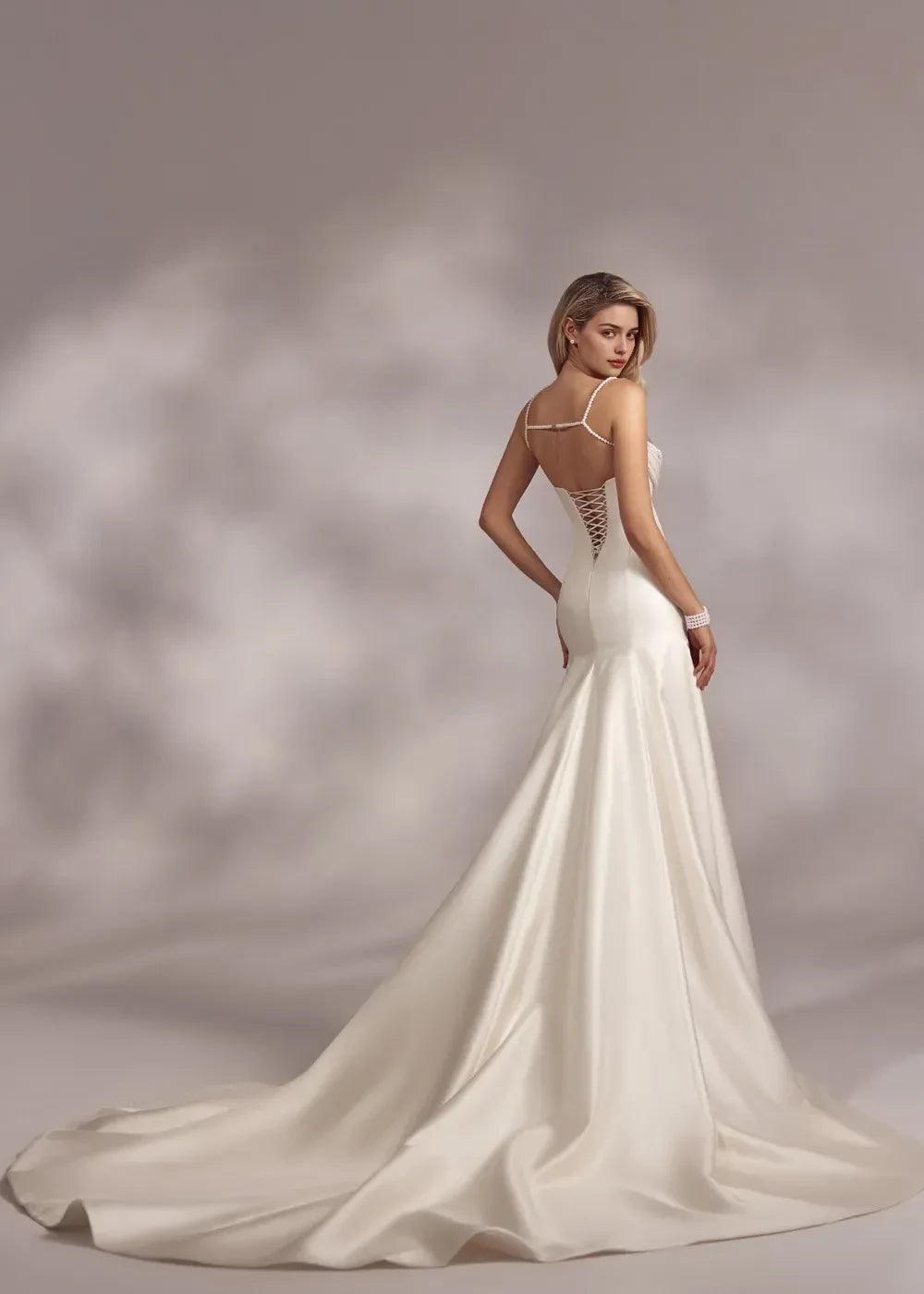 Glamorous Mermaid Pearl Embellished Spaghetti Strap Lace Up Back Long Length Wedding Dress