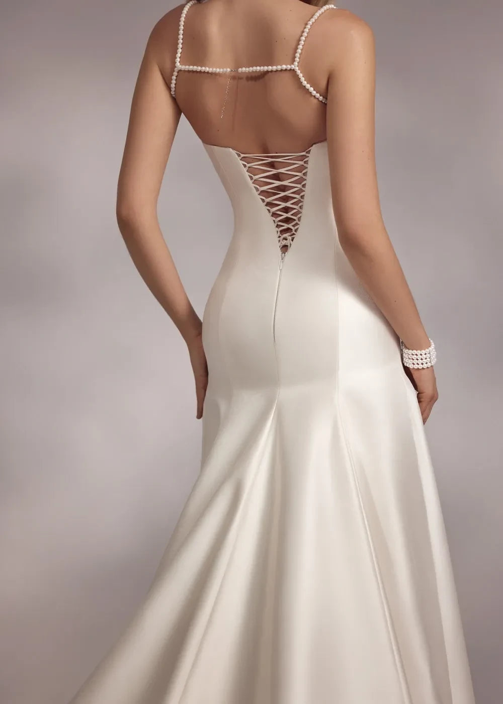 Glamorous Mermaid Pearl Embellished Spaghetti Strap Lace Up Back Long Length Wedding Dress