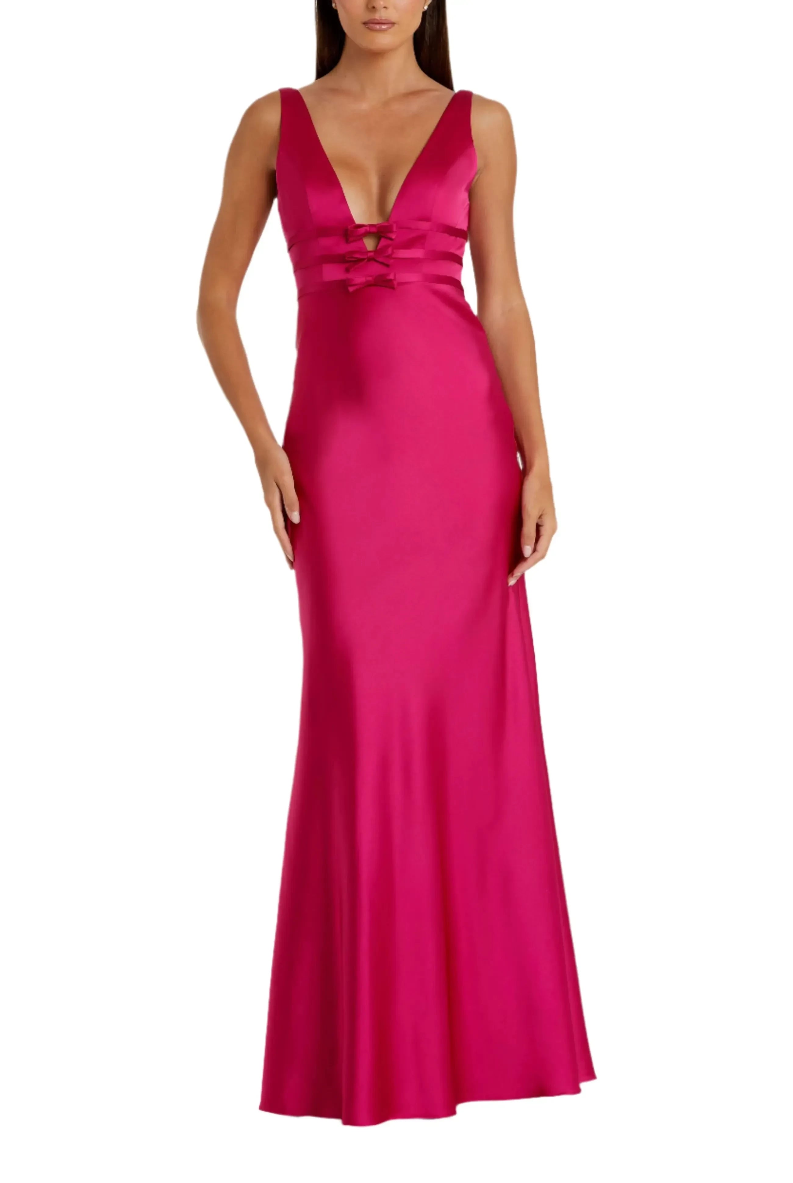 Glamorous Mermaid Plunging V Neck Sleeveless Bow Detail Open Back Floor Length Evening Dress
