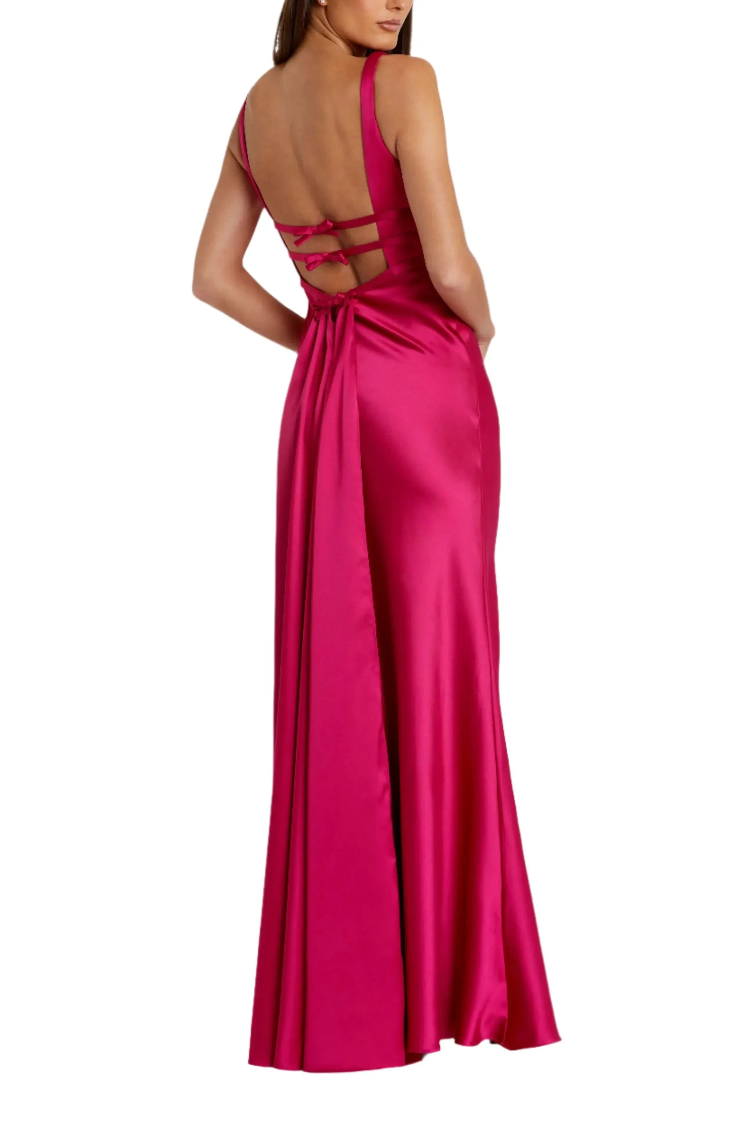 Glamorous Mermaid Plunging V Neck Sleeveless Bow Detail Open Back Floor Length Evening Dress