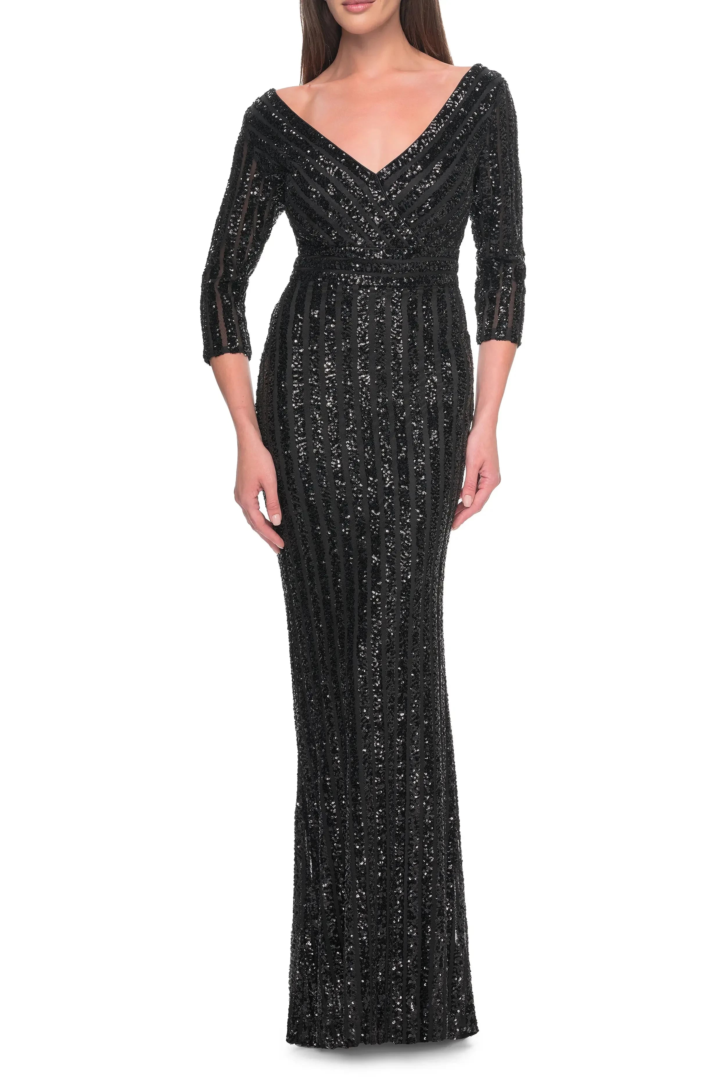 Glamorous Mermaid Plunging V Neck Three Quarter Sleeve Open Back Floor Length Evening Dress