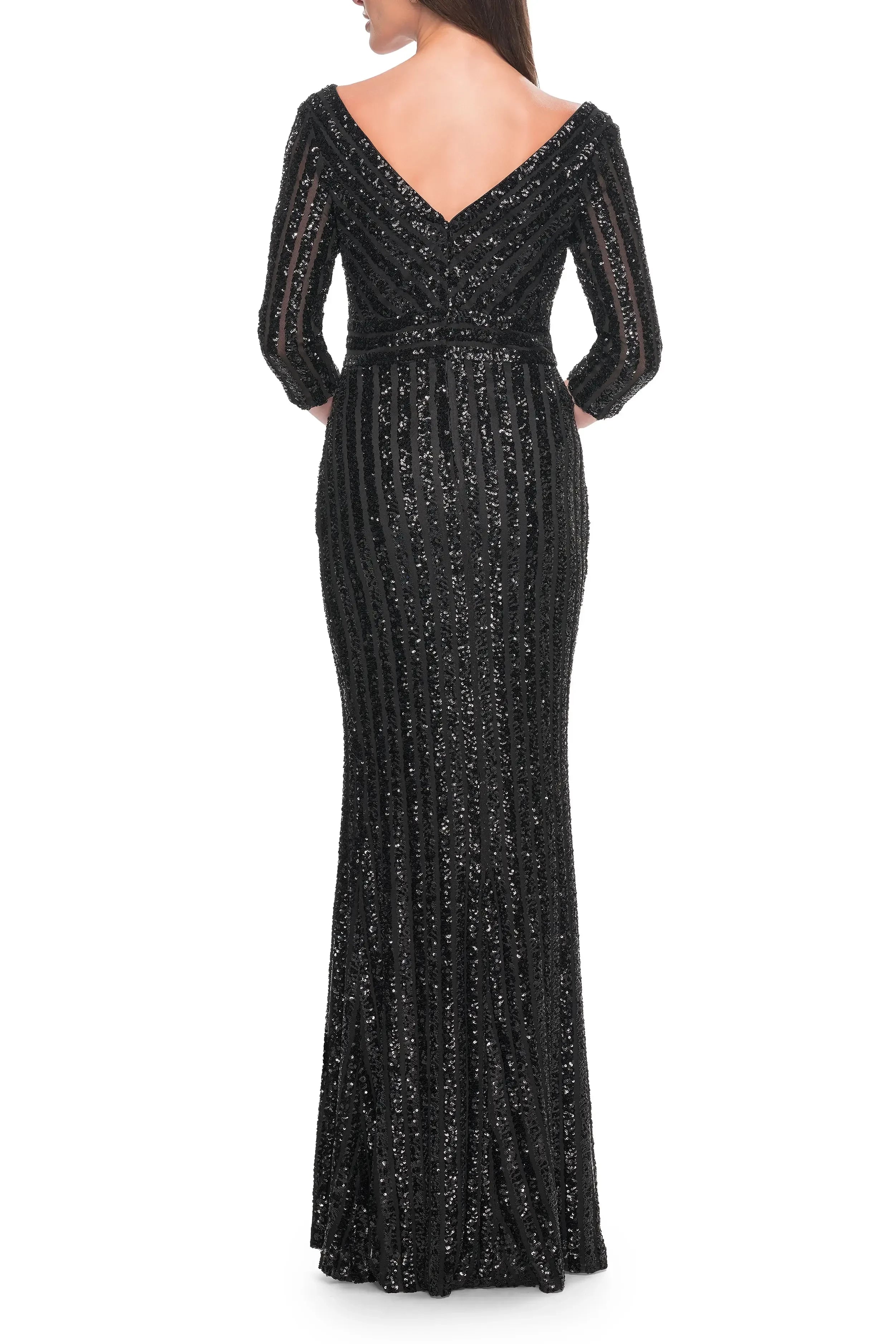 Glamorous Mermaid Plunging V Neck Three Quarter Sleeve Open Back Floor Length Evening Dress