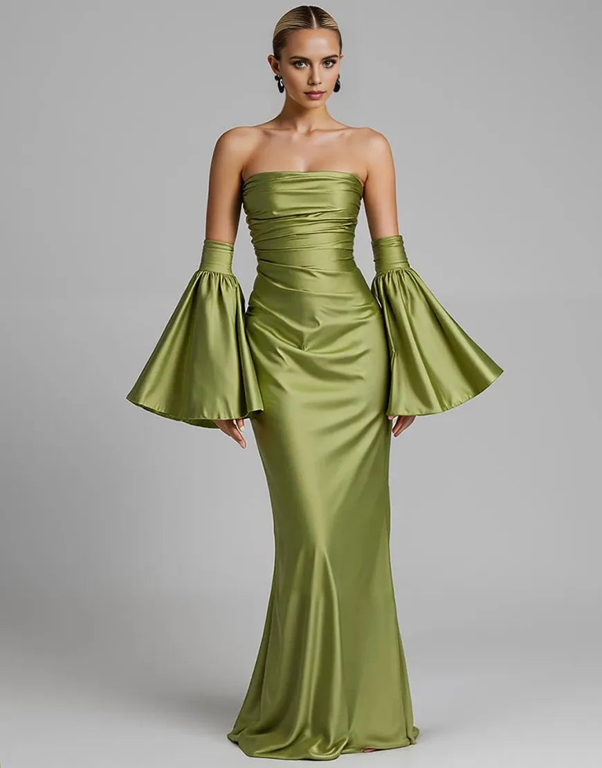 Glamorous Mermaid Strapless Bell Sleeve Lace Up Back Evening Dress Evening Dress Homecoming Dress