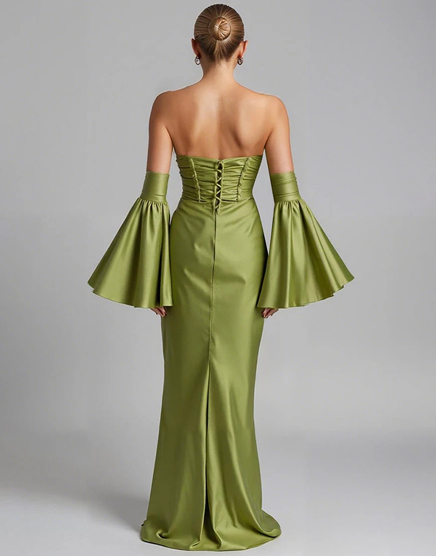 Glamorous Mermaid Strapless Bell Sleeve Lace Up Back Evening Dress Evening Dress Homecoming Dress