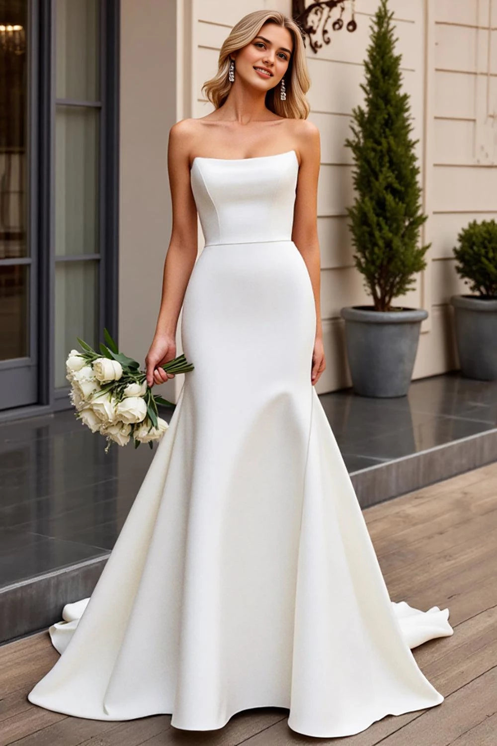 Glamorous Mermaid Strapless Sleeveless Open Back Floor Length Wedding Dress