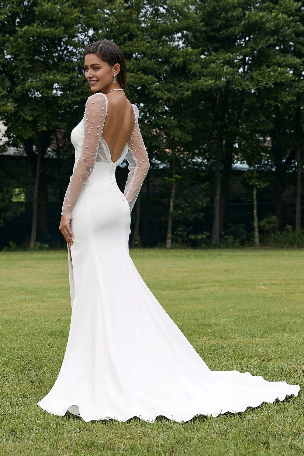 Glamorous Mermaid Sweetheart Sheer Long Sleeve Open Back Maxi Wedding Dress ﻿