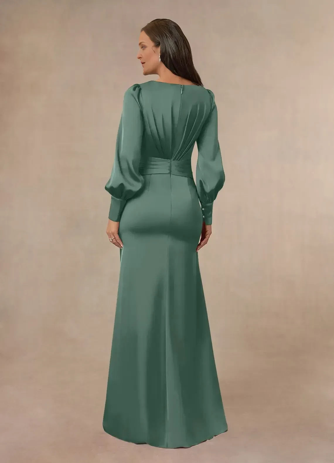 Glamorous Mermaid V Neck Bishop Sleeve Zipper Back Floor Length Mother of the Bride Dress