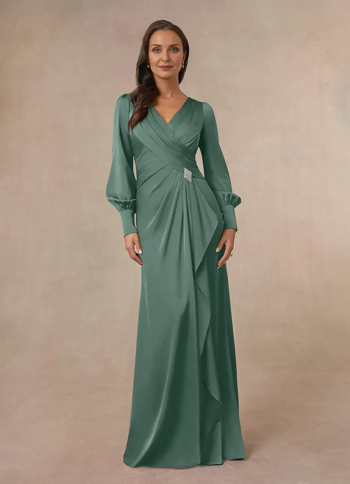 Glamorous Mermaid V Neck Bishop Sleeve Zipper Back Floor Length Mother of the Bride Dress