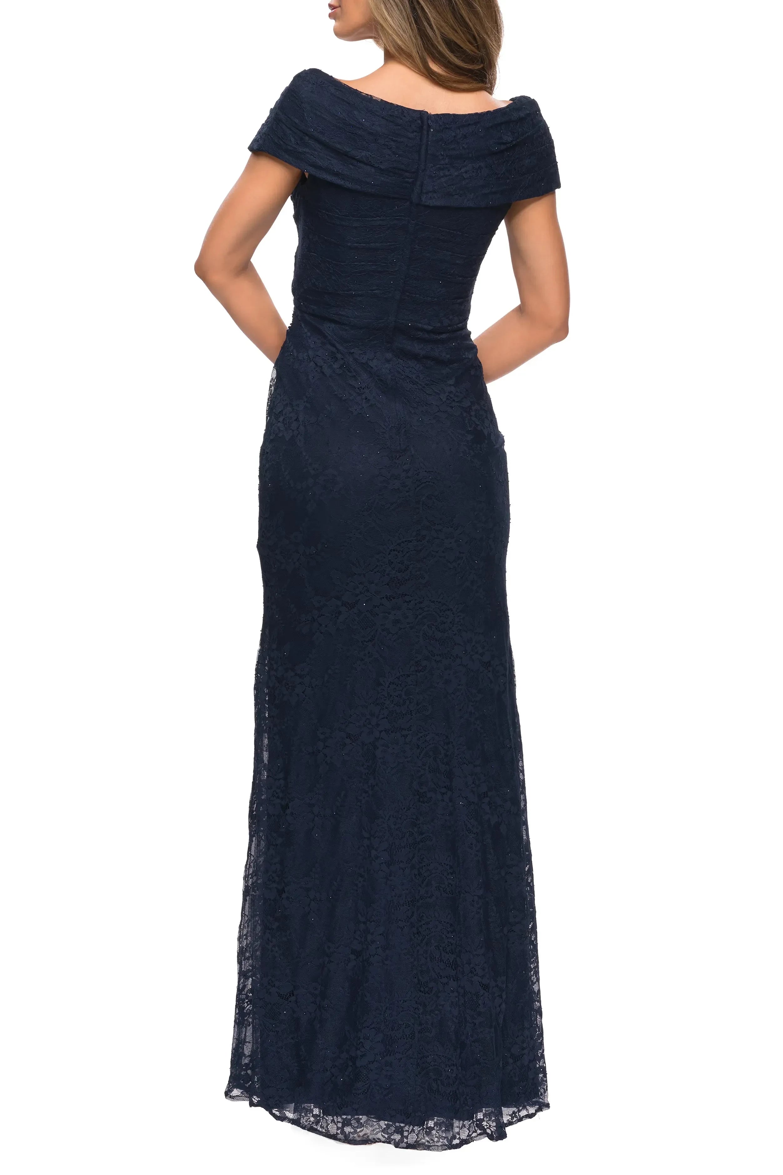 Glamorous Mermaid V Neck Short Sleeve Draped Back Floor Length Evening Dress
