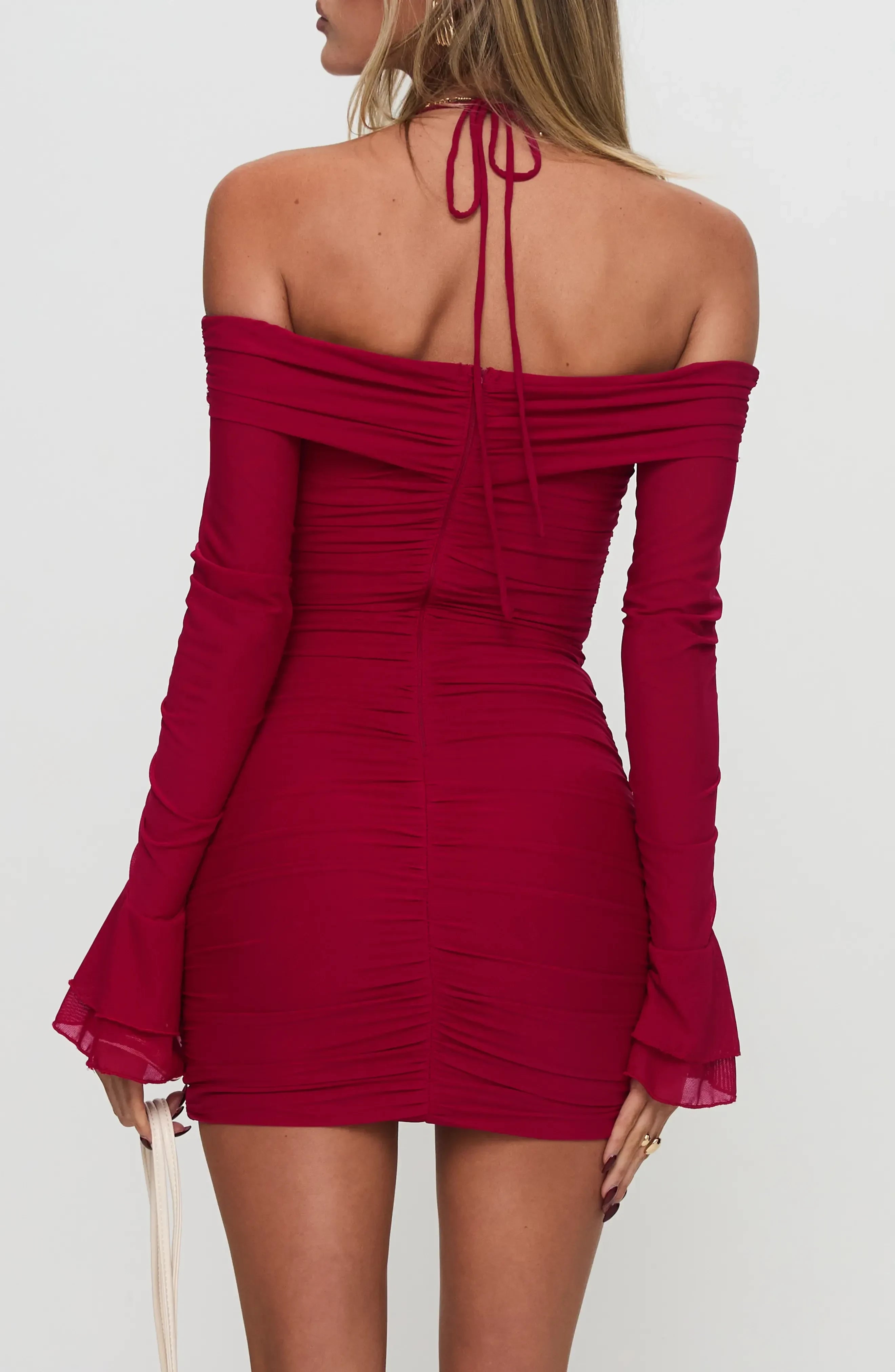 Glamorous Off Shoulder Long Sleeve Tie Back Short Length Homecoming Dress