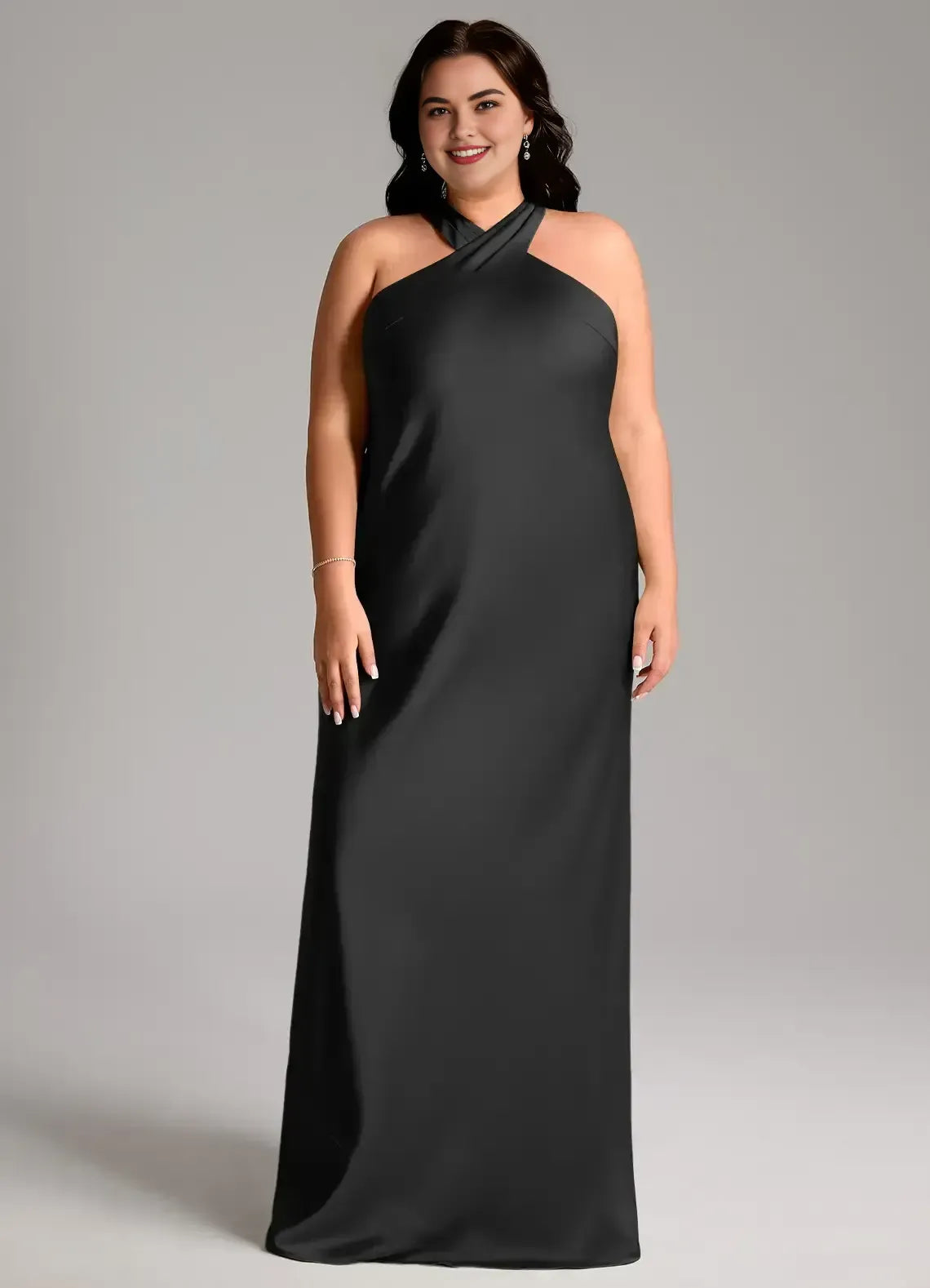 Glamorous Plus Size Sheath Halter Neck Sleeveless Bow Back Floor Length Bridesmaid Dress