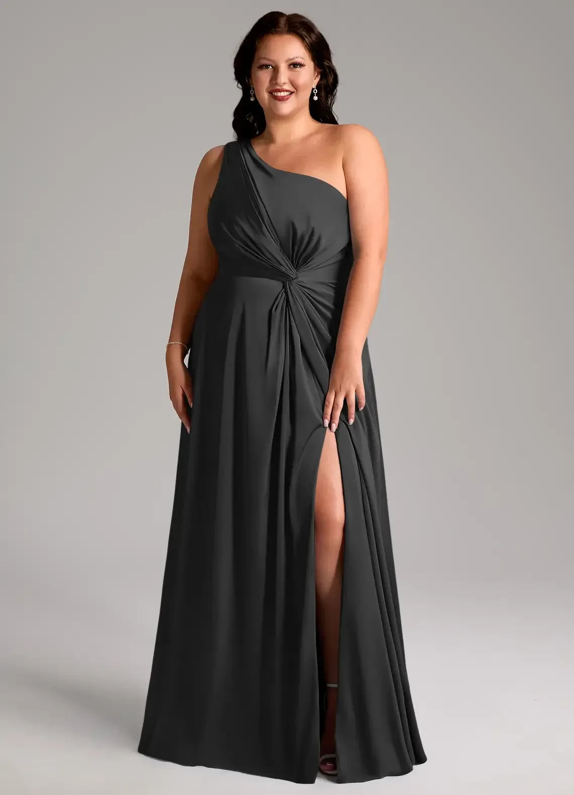 Glamorous Plus Size Sheath One Shoulder Sleeveless Open Back Floor Length Bridesmaid Dress