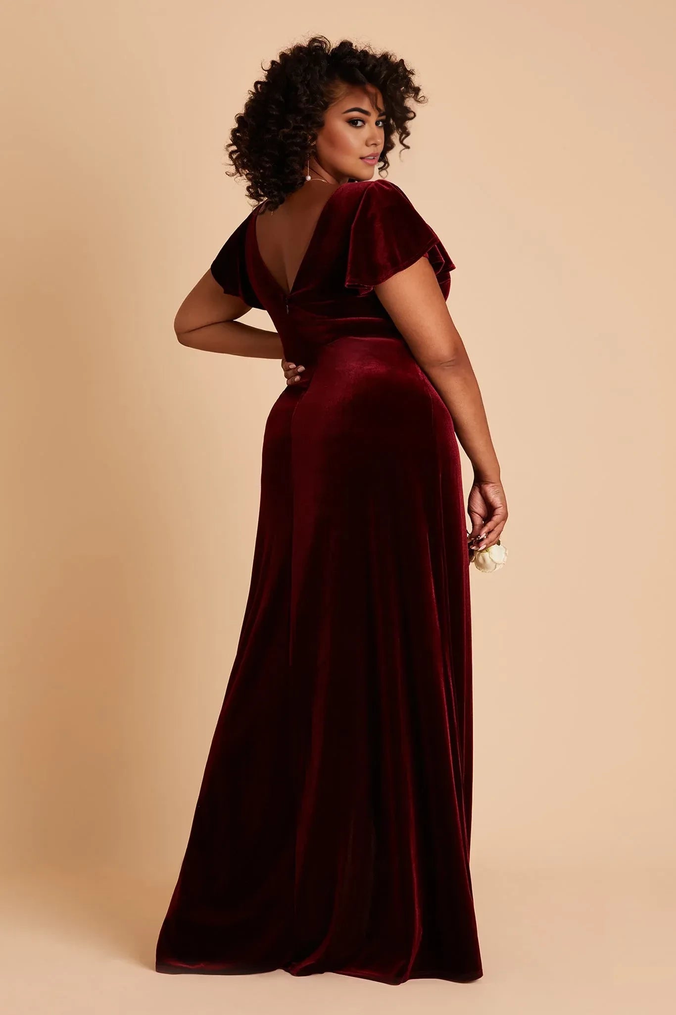 Glamorous Plus Size Sheath V Neck Flutter Sleeve Open Back Floor Length Bridesmaid Dress ﻿
