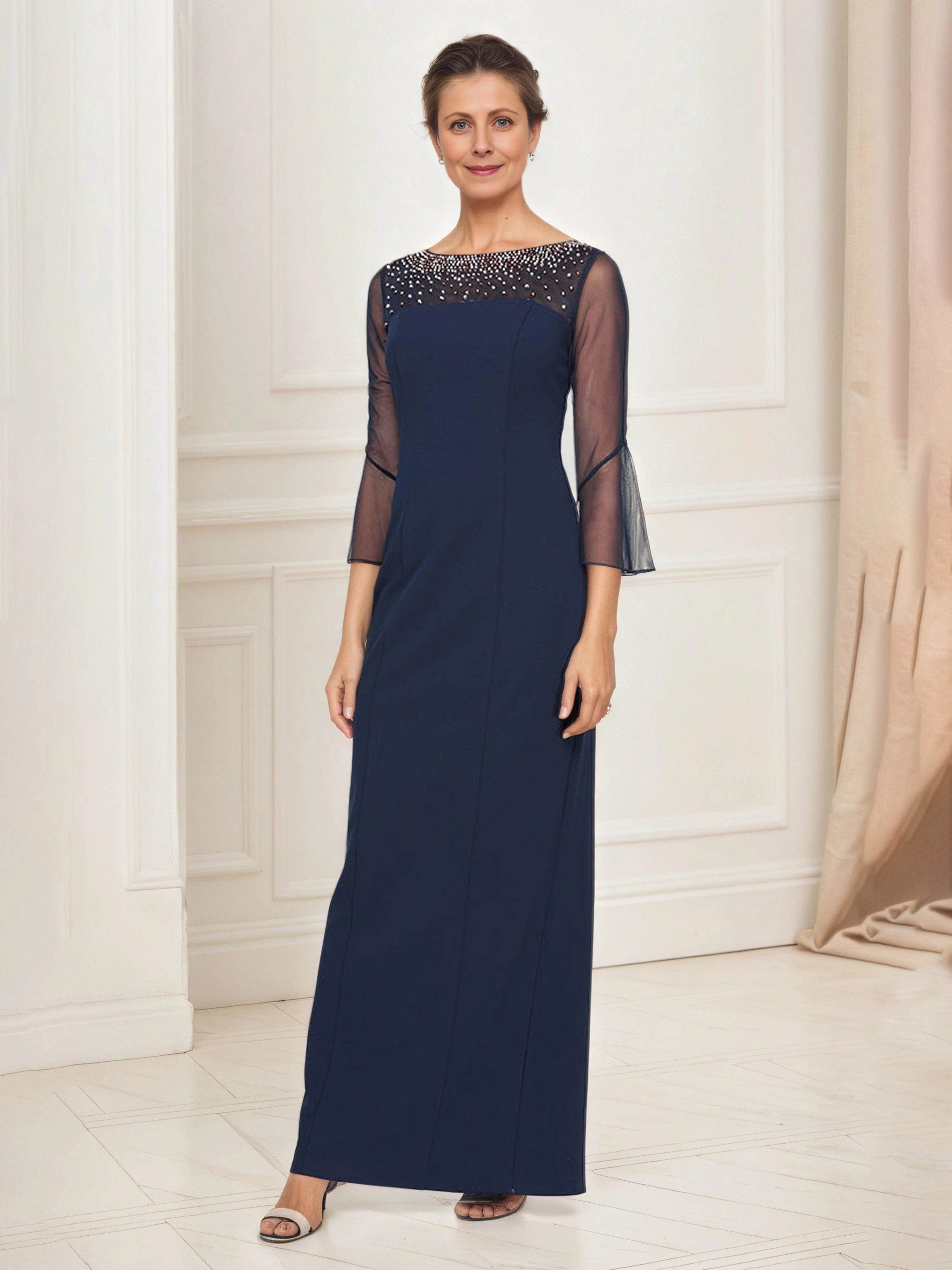 Glamorous Sheath Boat Neck Beaded Bell Sleeve Zip Back Floor Length Mother of the Bride Dress