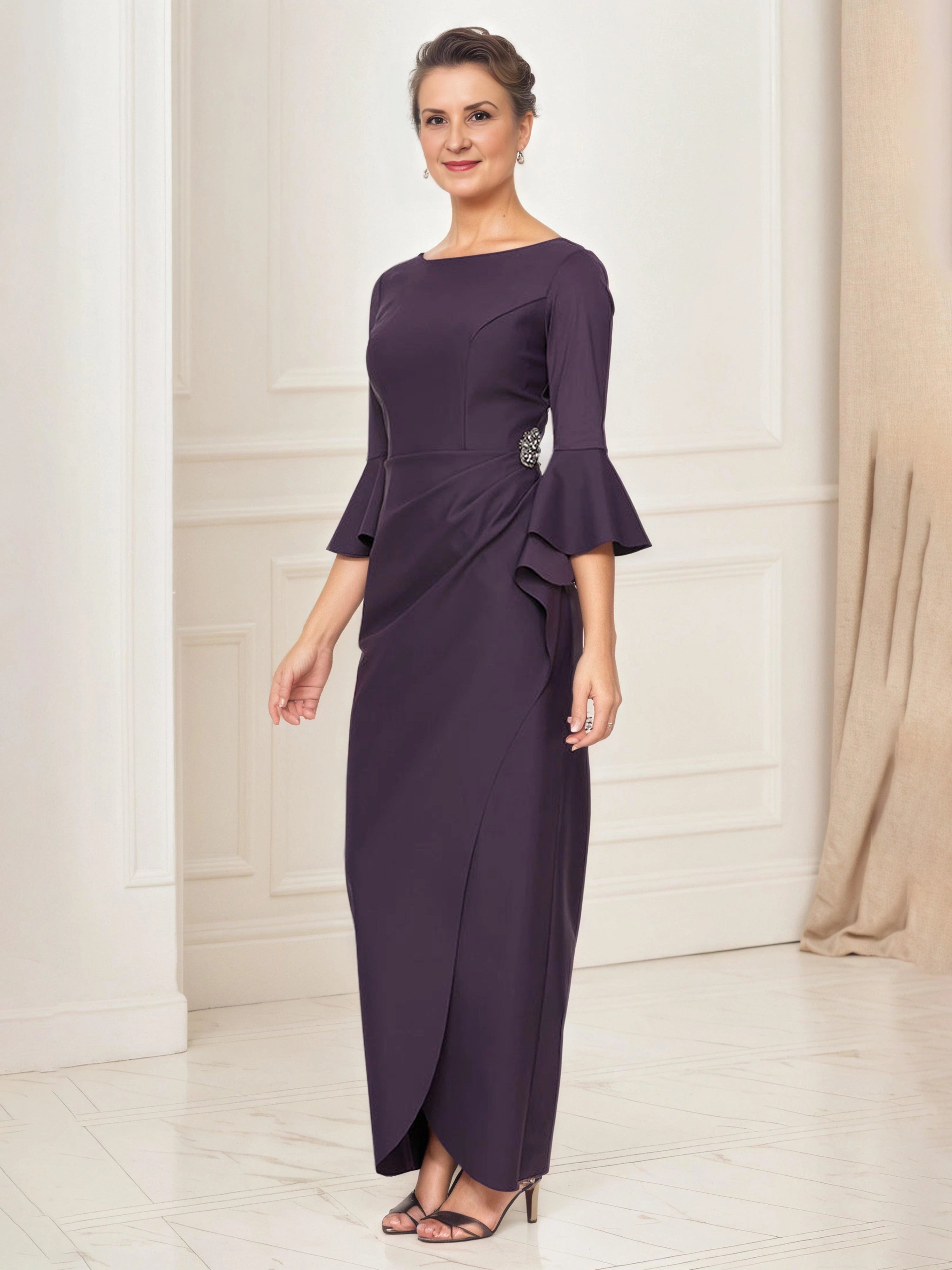 Glamorous Sheath Boat Neck Bell Sleeve Zip Back Floor Length Mother of the Bride Dress