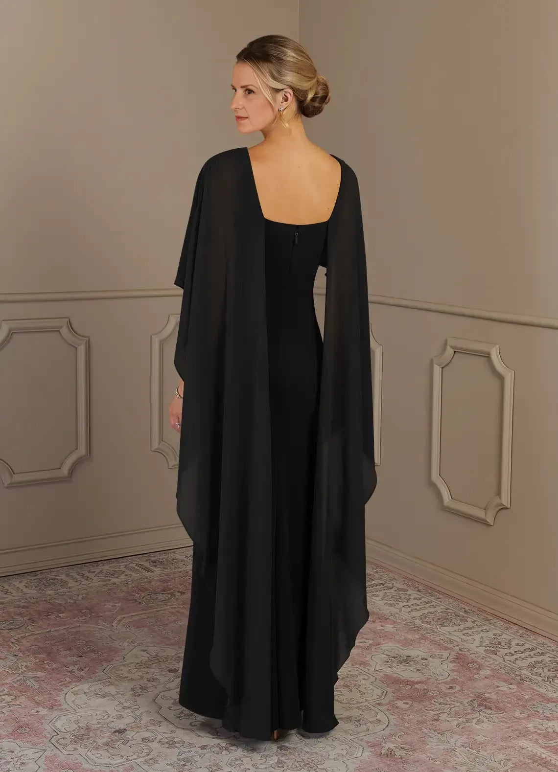 Glamorous Sheath Boat Neck Cape Sleeve Zip Back Floor Length Mother of the Bride Dress