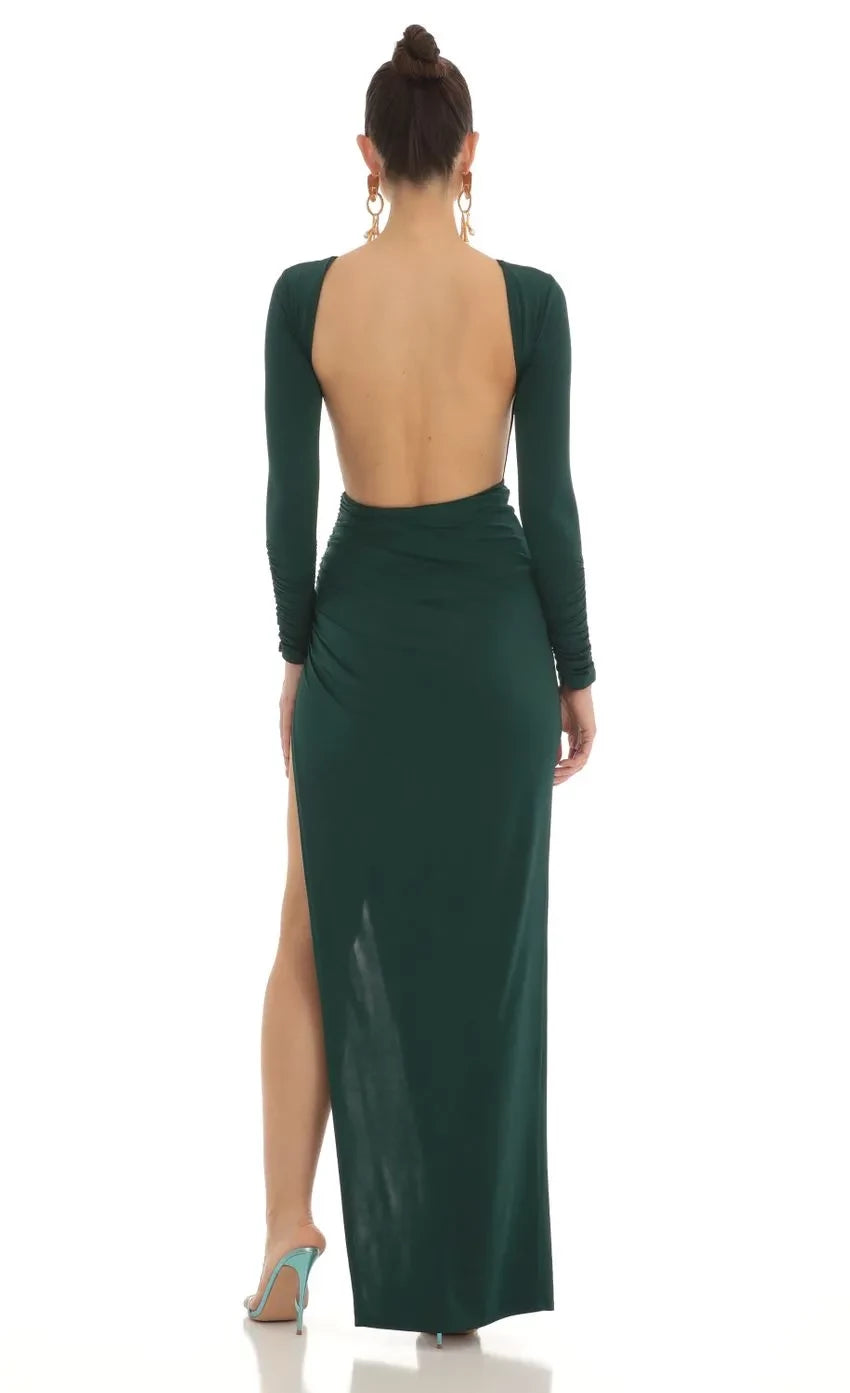 Glamorous Sheath Boat Neck Long Sleeve Open Back Floor Length Evening Dress