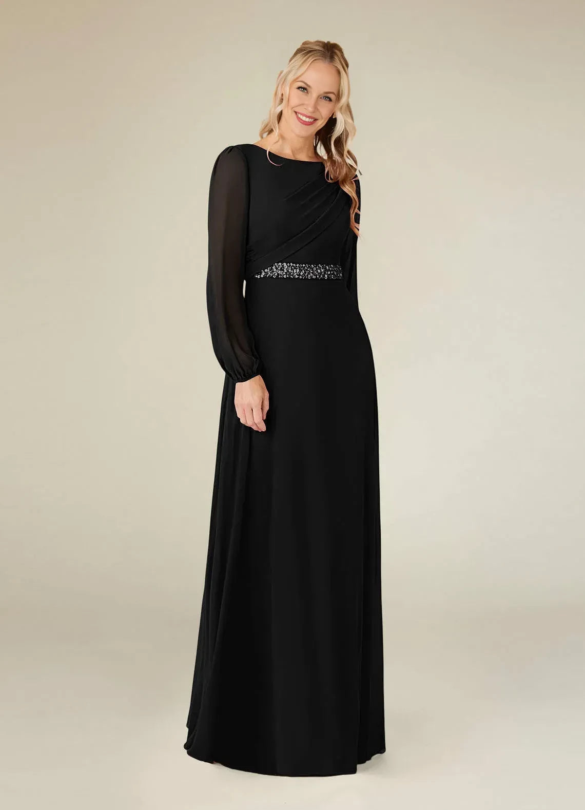 Glamorous Sheath Boat Neck Long Sleeve Zipper Back Floor Length Mother of the Bride Dress