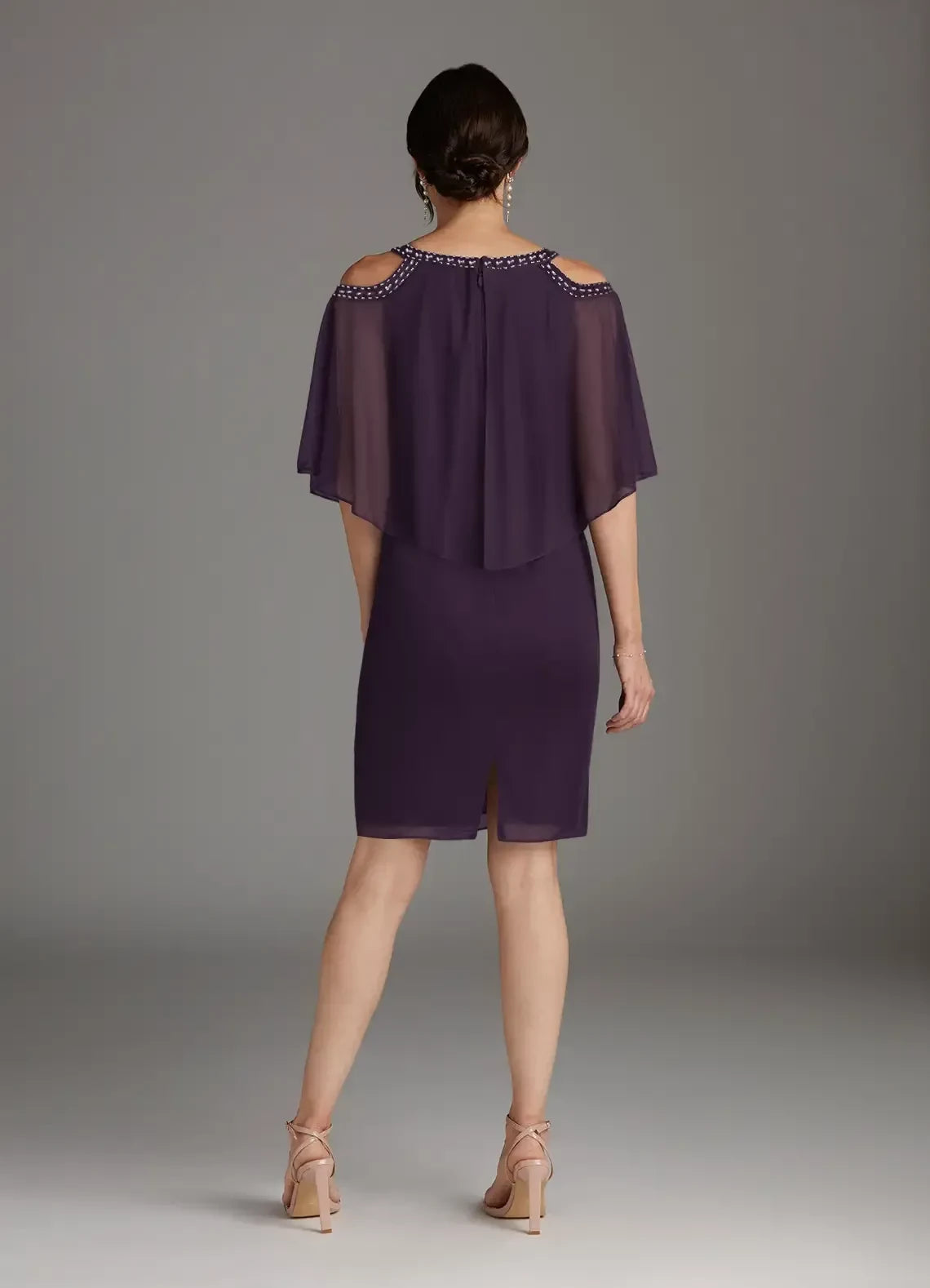 Glamorous Sheath Cold Shoulder Cape Sleeve Zipper Back Knee Length Mother of the Bride Dress