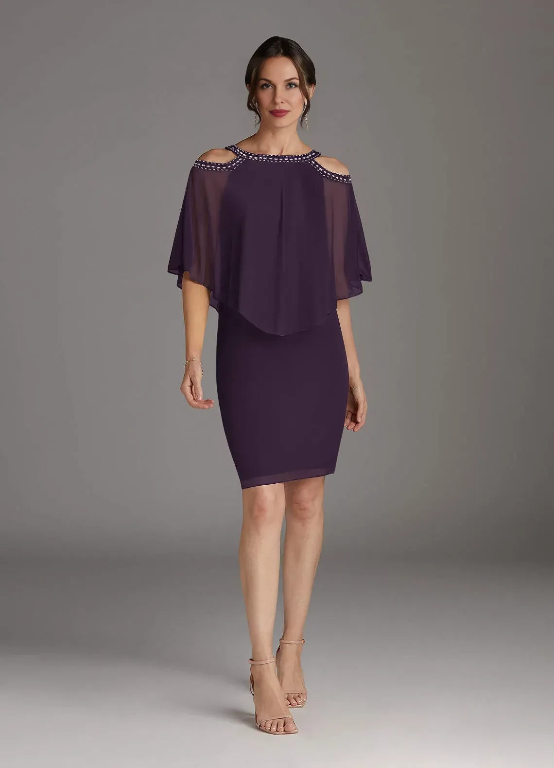 Glamorous Sheath Cold Shoulder Cape Sleeve Zipper Back Knee Length Mother of the Bride Dress