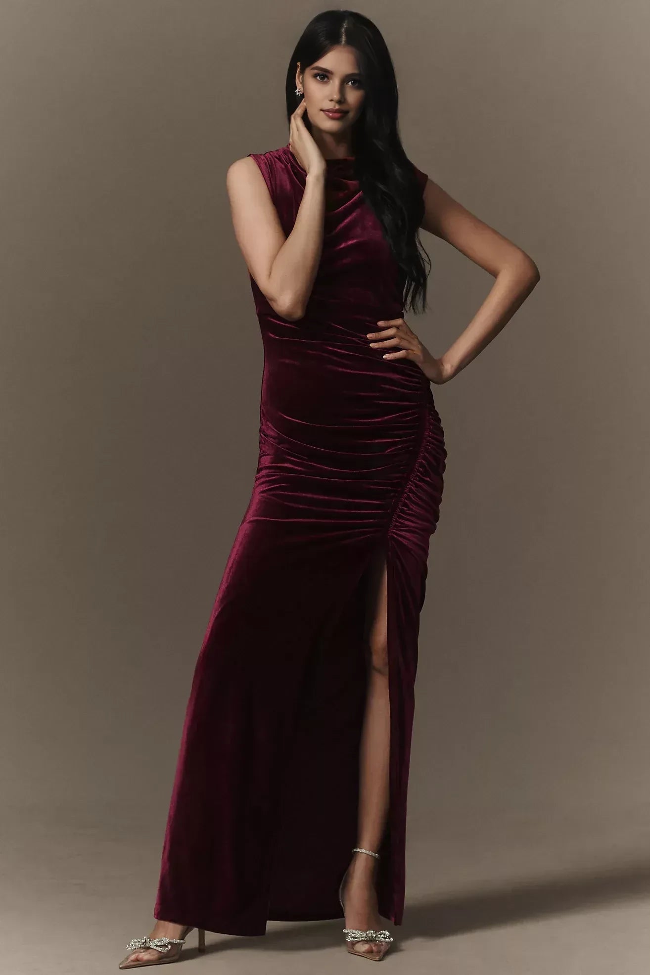 Glamorous Sheath Cowl Neck Cap Sleeve Ruched Back Floor Length Evening Dress