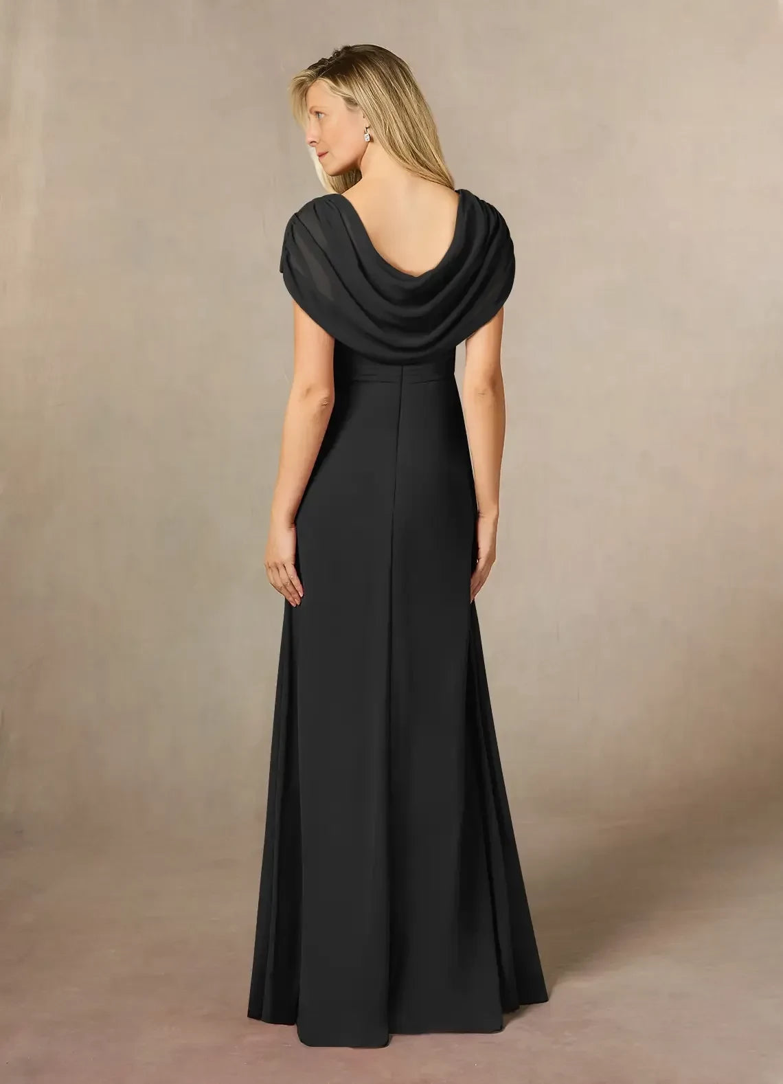 Glamorous Sheath Cowl Neck Cap Sleeve Zip Back Floor Length Mother of the Bride Dress