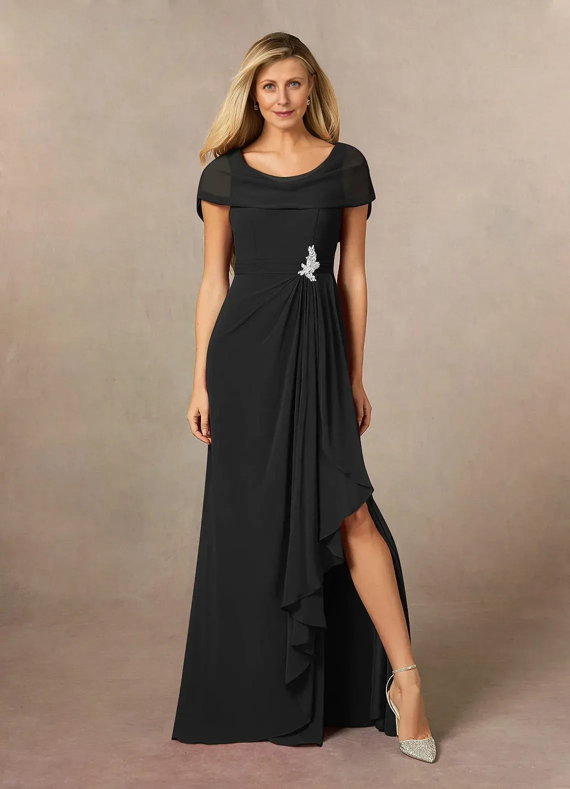 Glamorous Sheath Cowl Neck Cap Sleeve Zip Back Floor Length Mother of the Bride Dress