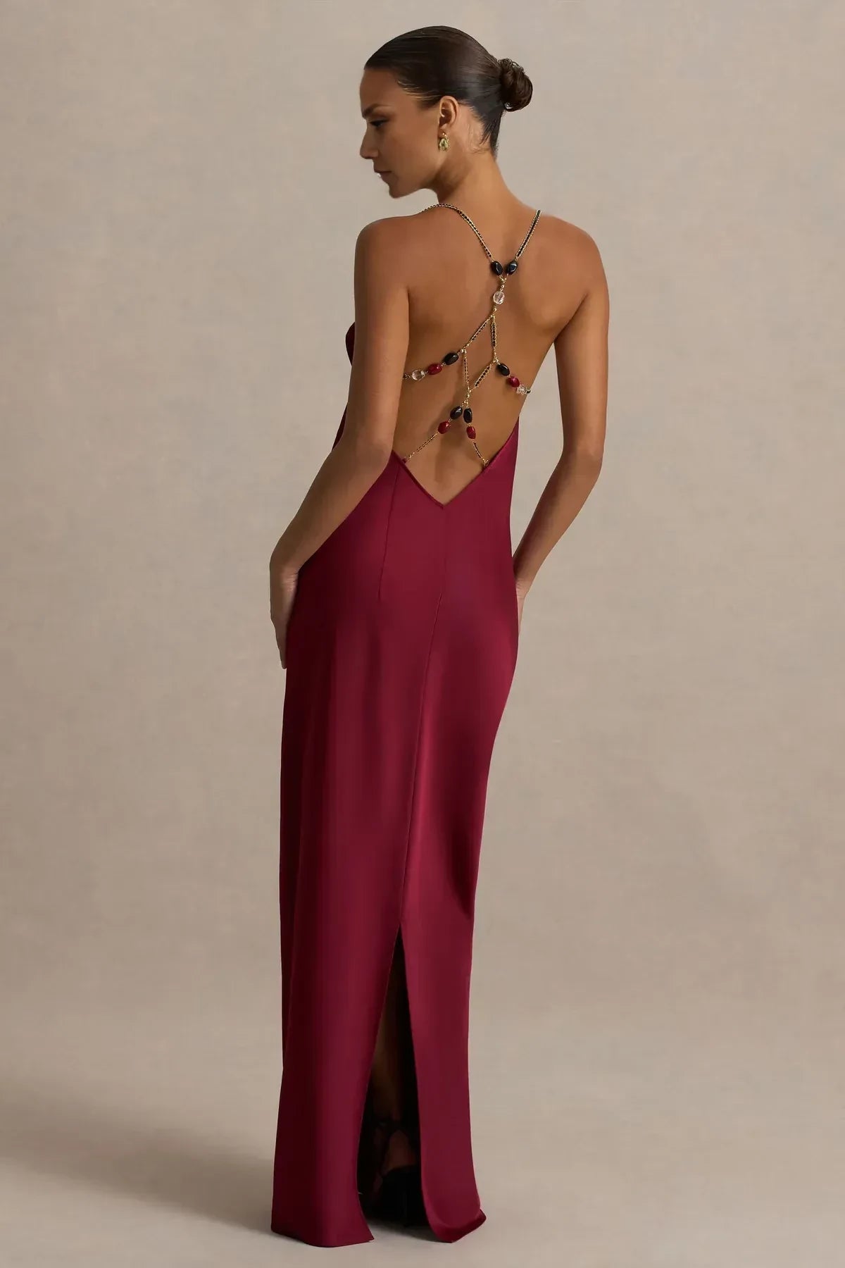 Glamorous Sheath Cowl Neck Sleeveless Beaded Back Floor Length Evening Dress
