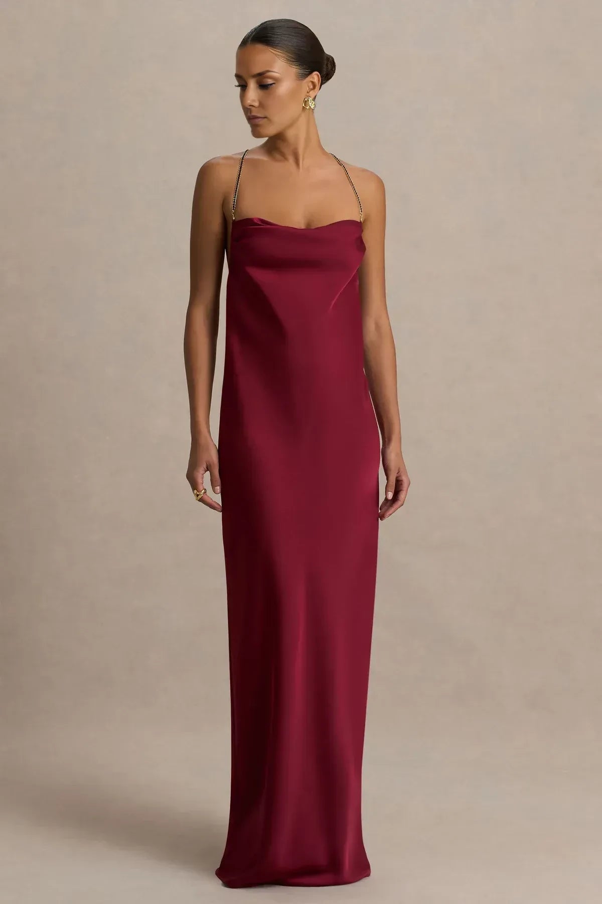 Glamorous Sheath Cowl Neck Sleeveless Beaded Back Floor Length Evening Dress
