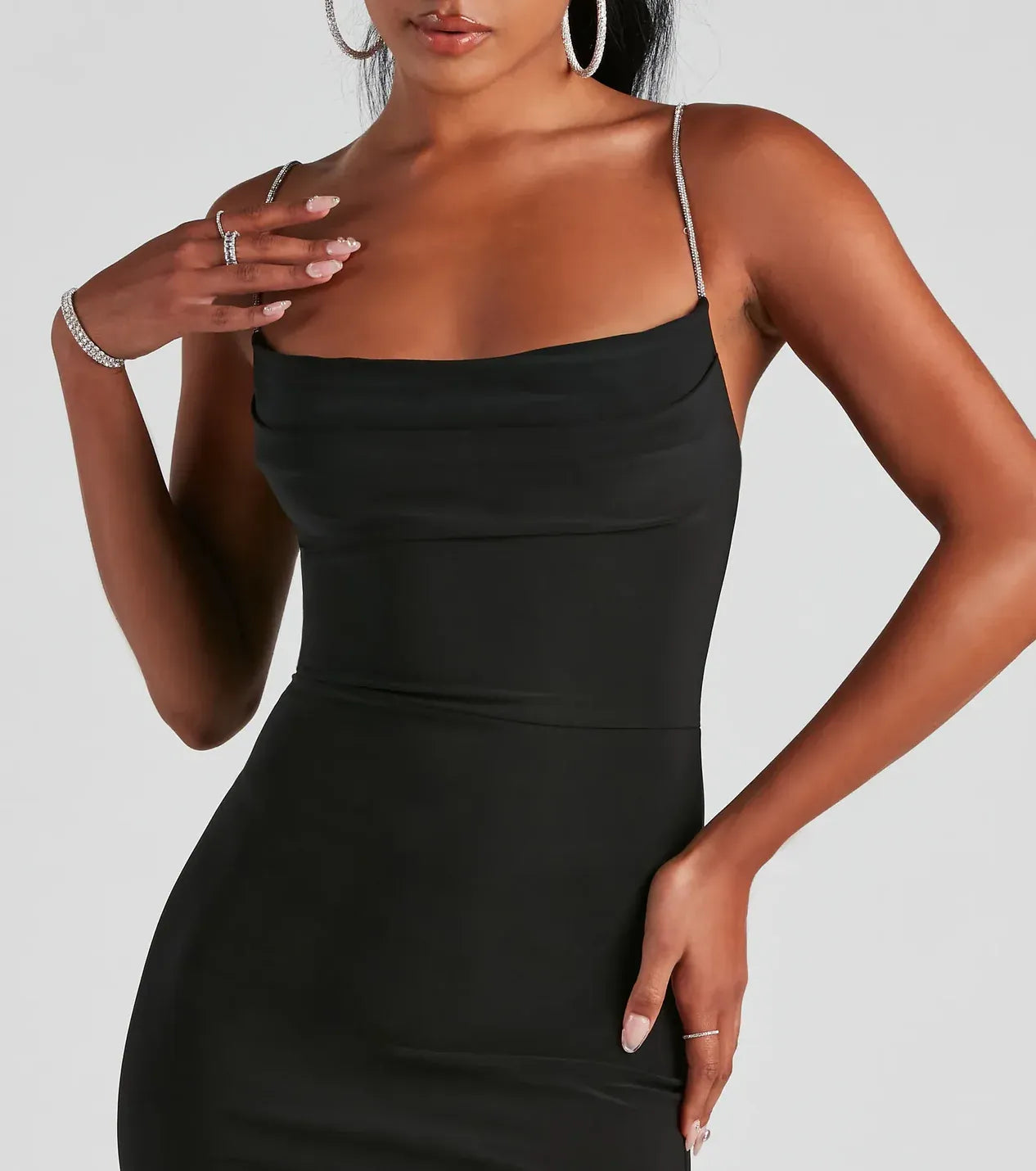 Glamorous Sheath Cowl Neck Spaghetti Strap Open Back Floor Length Prom Dress