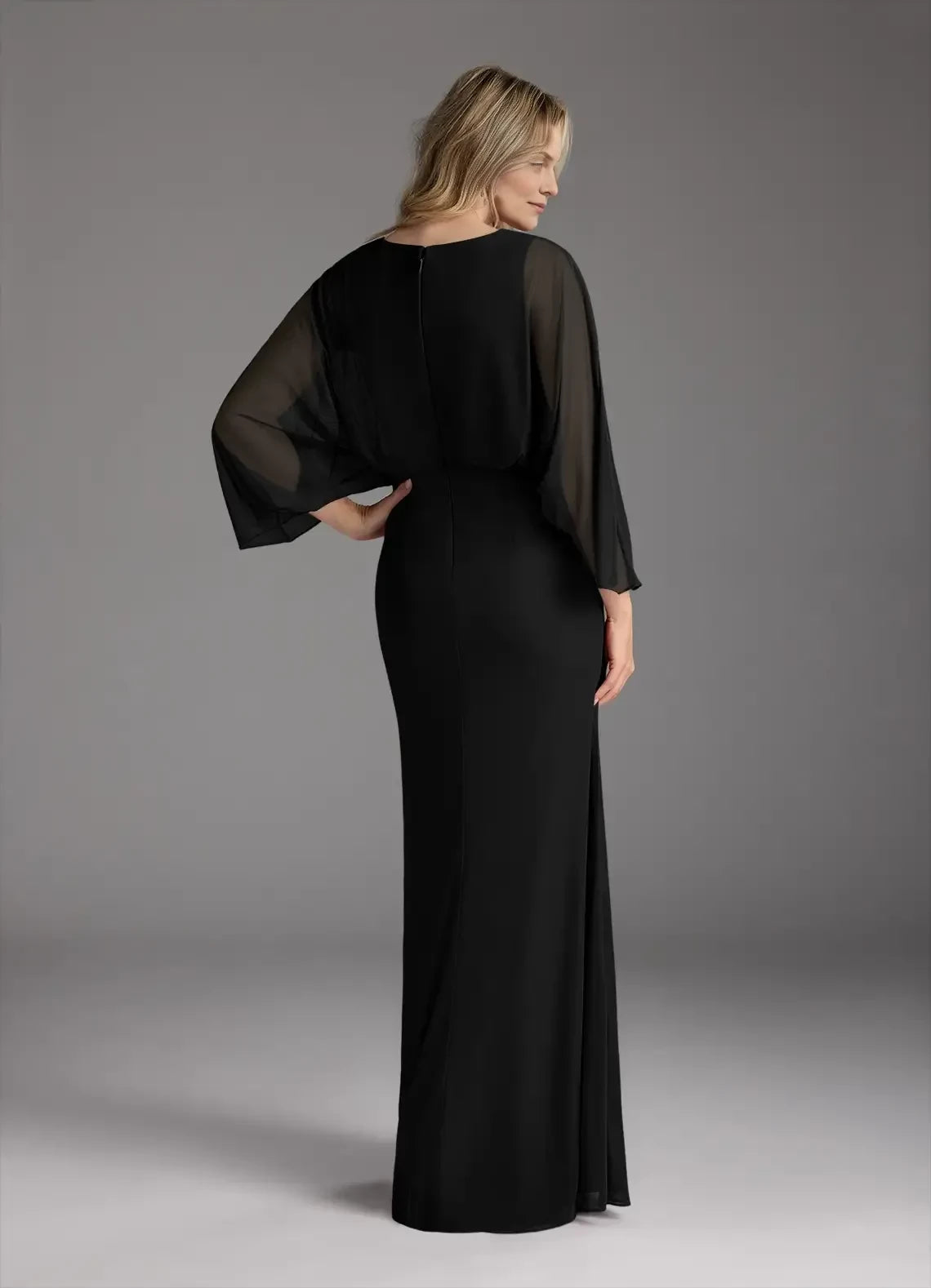 Glamorous Sheath Crew Neck Batwing Sleeve Zipper Back Floor Length Mother of the Bride Dress