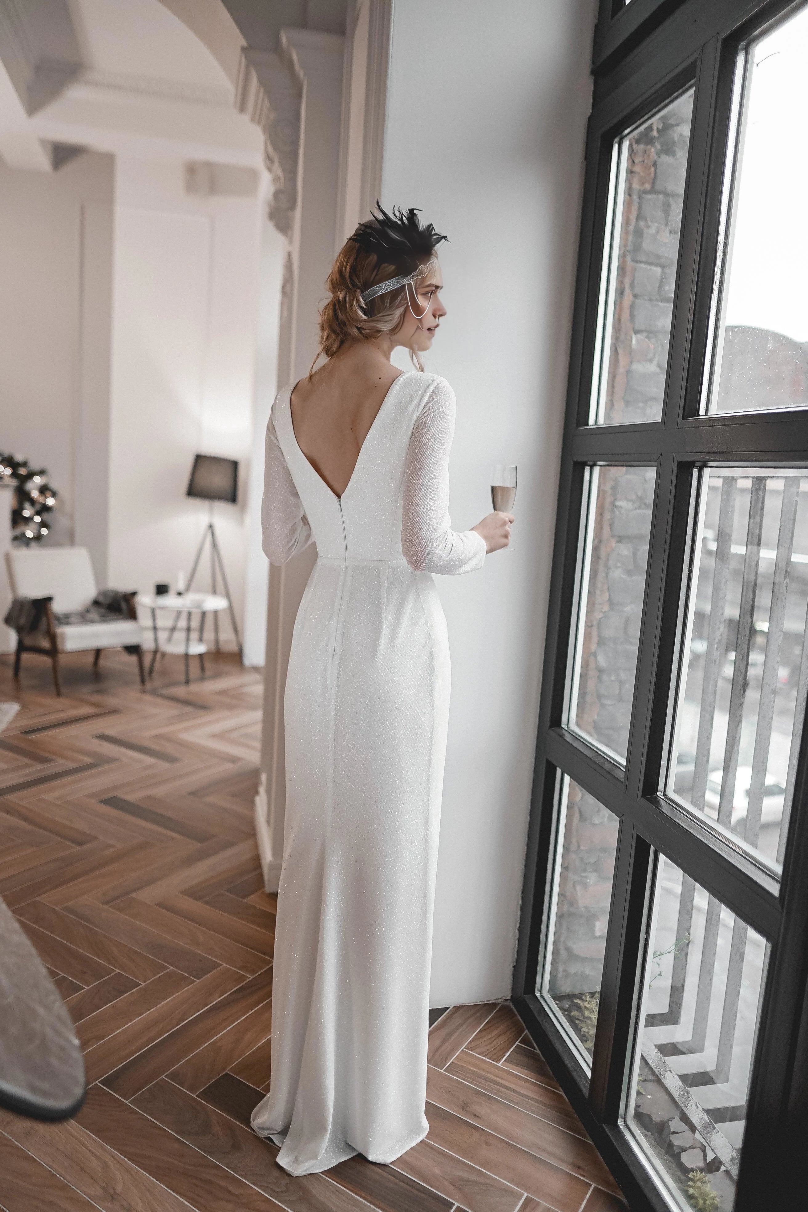 Glamorous Sheath Deep V Neck Long Sleeve Open Back Floor Length Wedding Dress