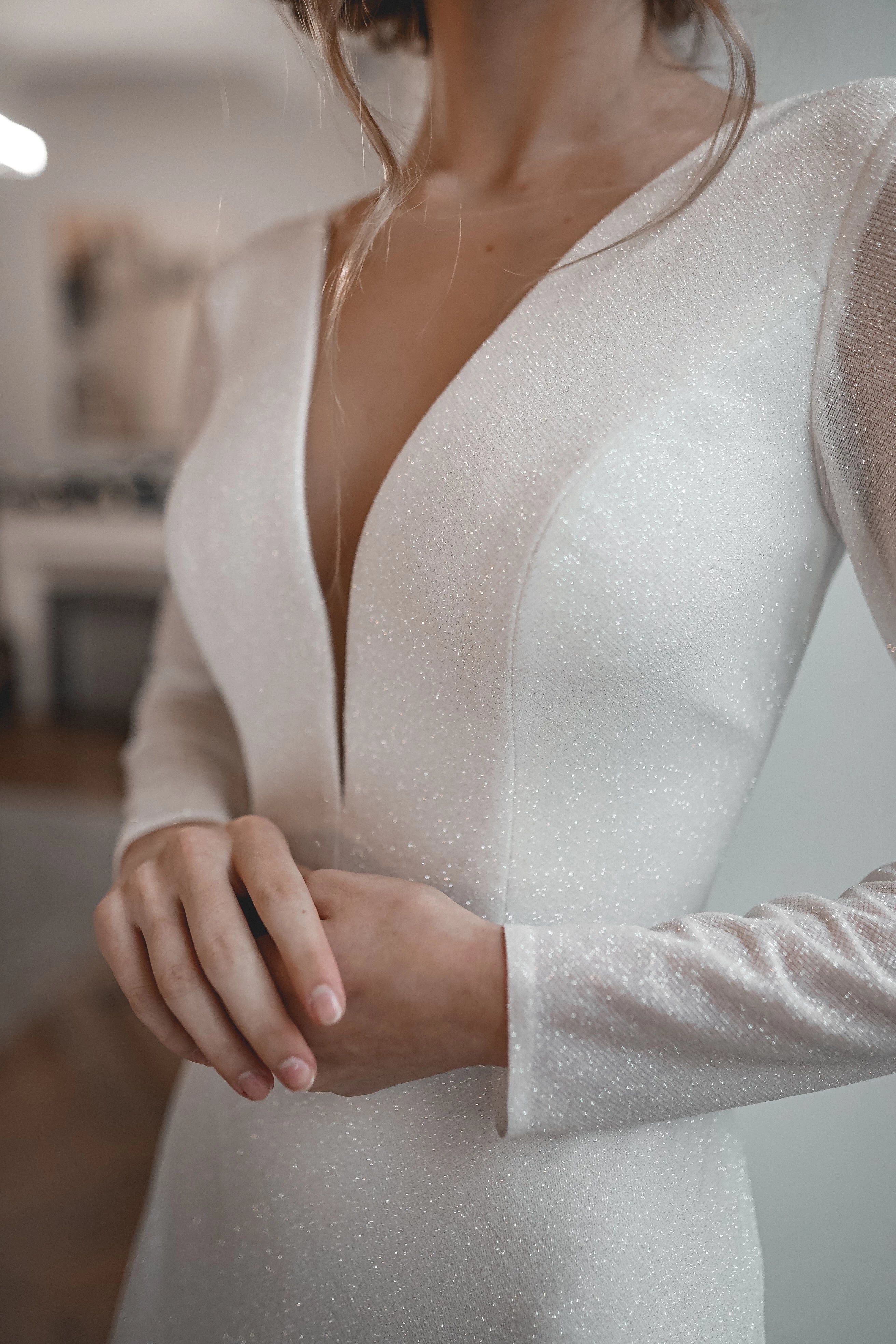 Glamorous Sheath Deep V Neck Long Sleeve Open Back Floor Length Wedding Dress