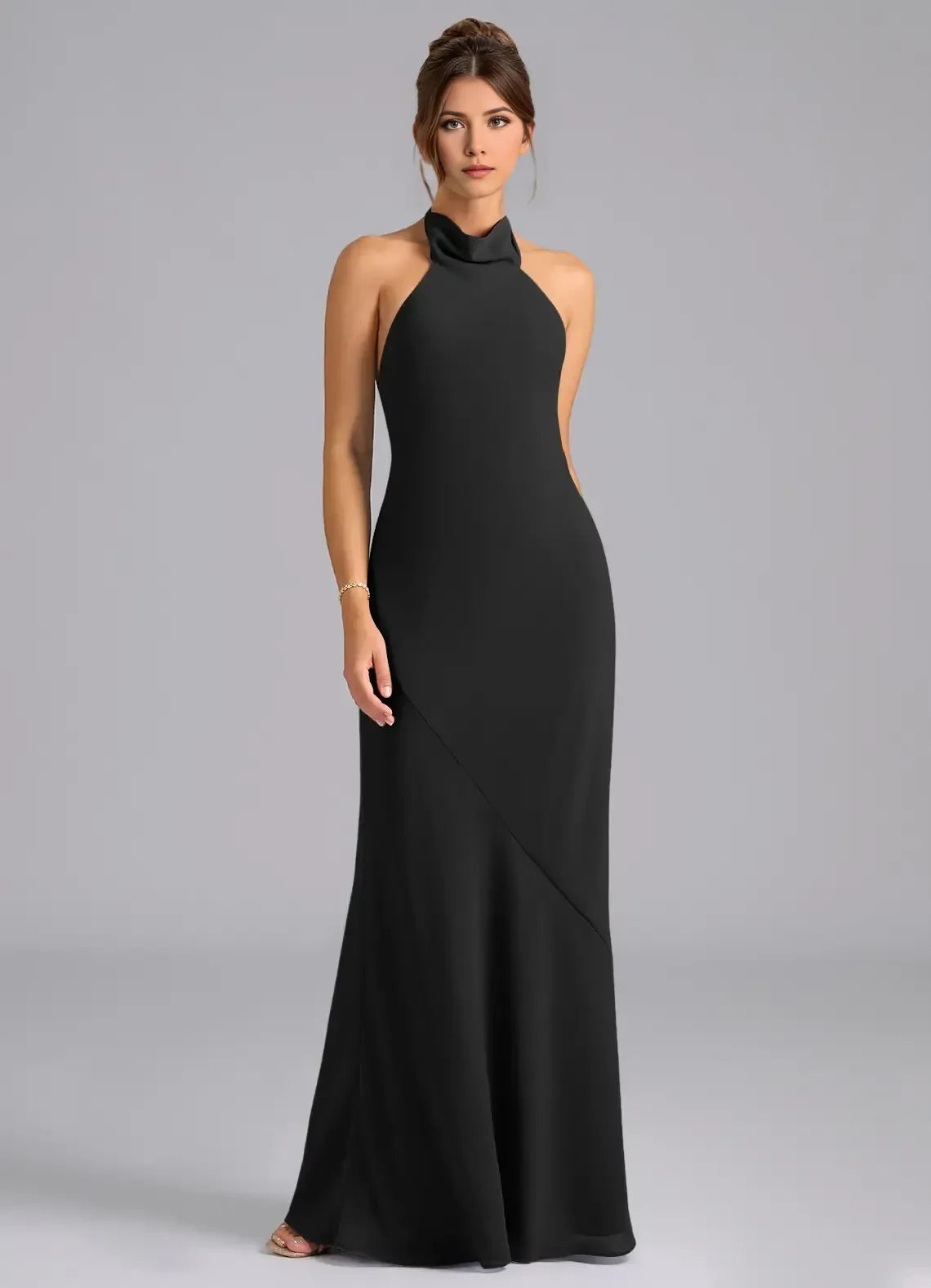 Glamorous Sheath Halter Neck Sleeveless Bow Back Floor Length Bridesmaid Dress